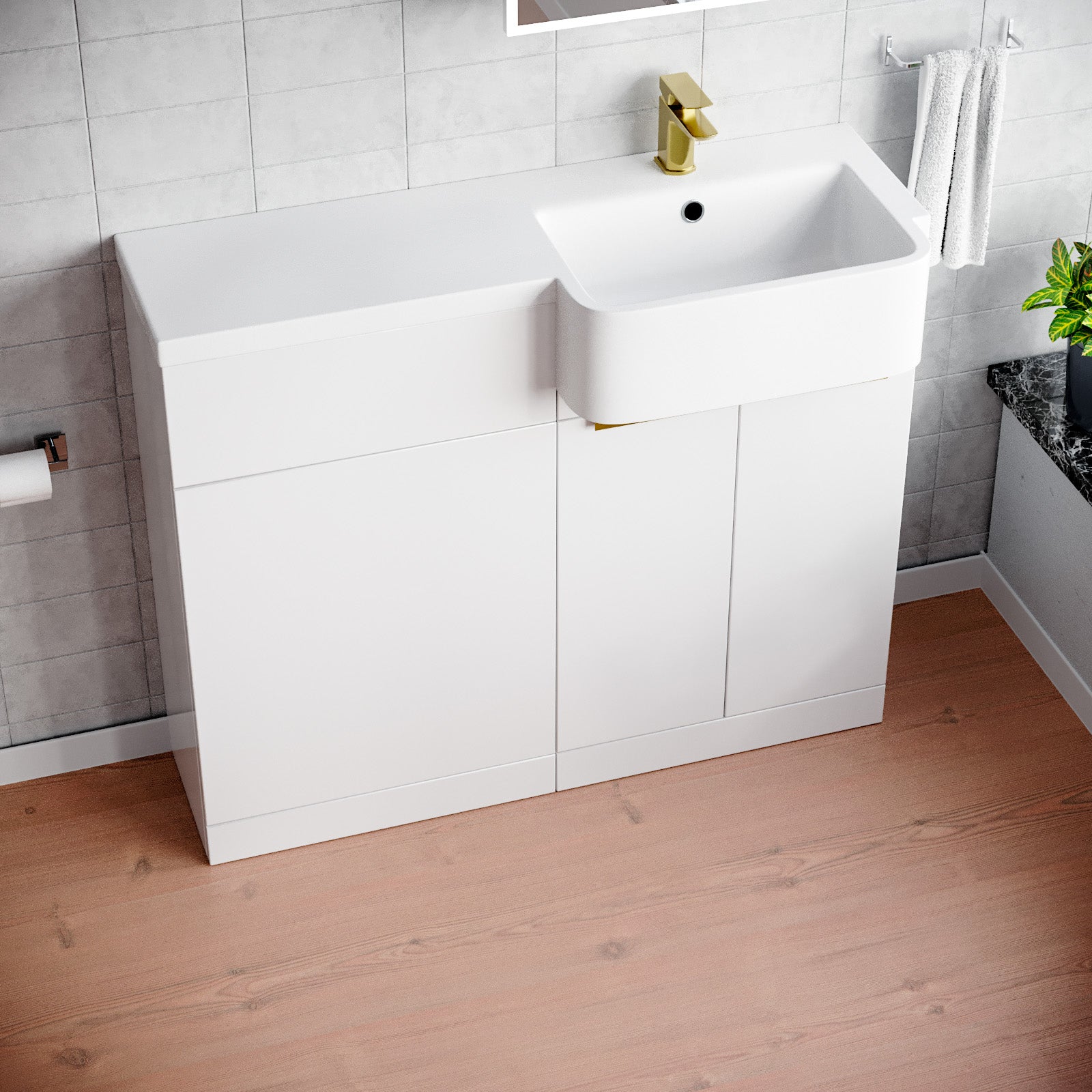 Bretford Right Hand Brushed Brass Handles Basin Vanity Unit With Tap & WC Unit