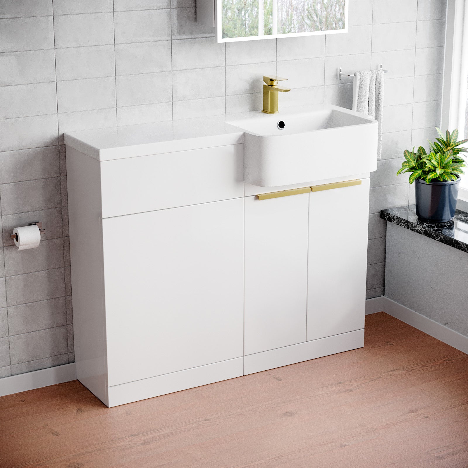 Bretford Right Hand Brushed Brass Handles Basin Vanity Unit With Tap & WC Unit