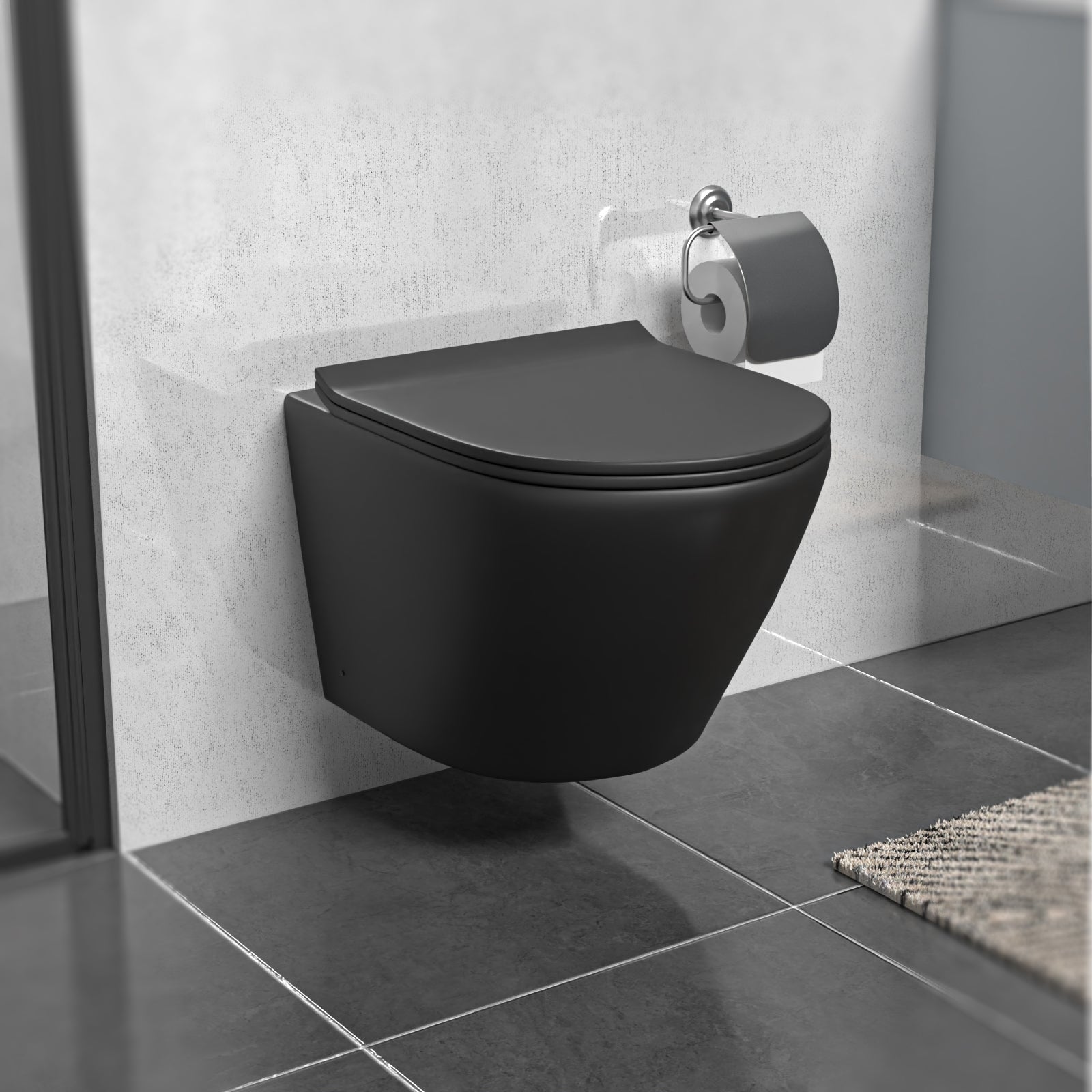 Round Rimless Wall Hung Toilet Pan & Soft Close Seat Matte Black
