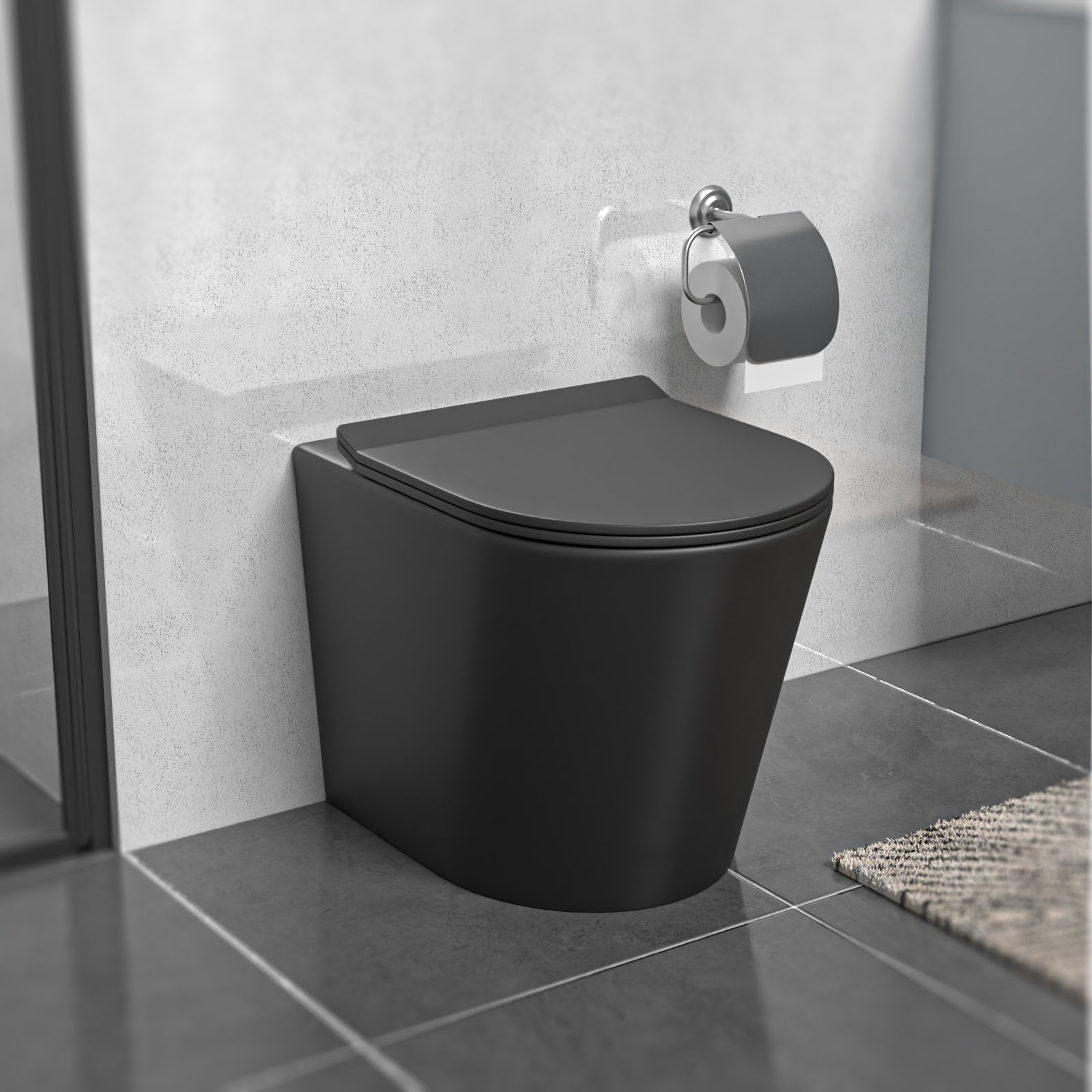Rimless Round Back To Wall Toilet Pan & Soft Close Seat Matte Black