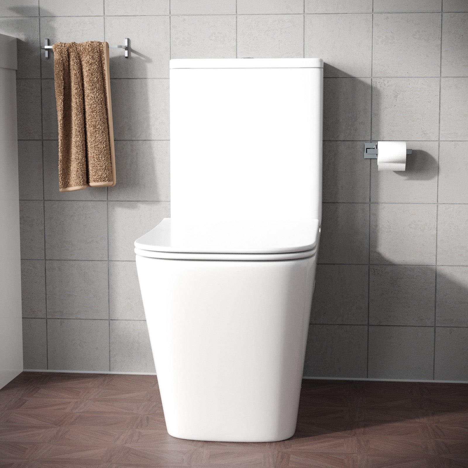 Square Rimless Close Coupled Toilet, Cistern And Soft Close Toilet Seat
