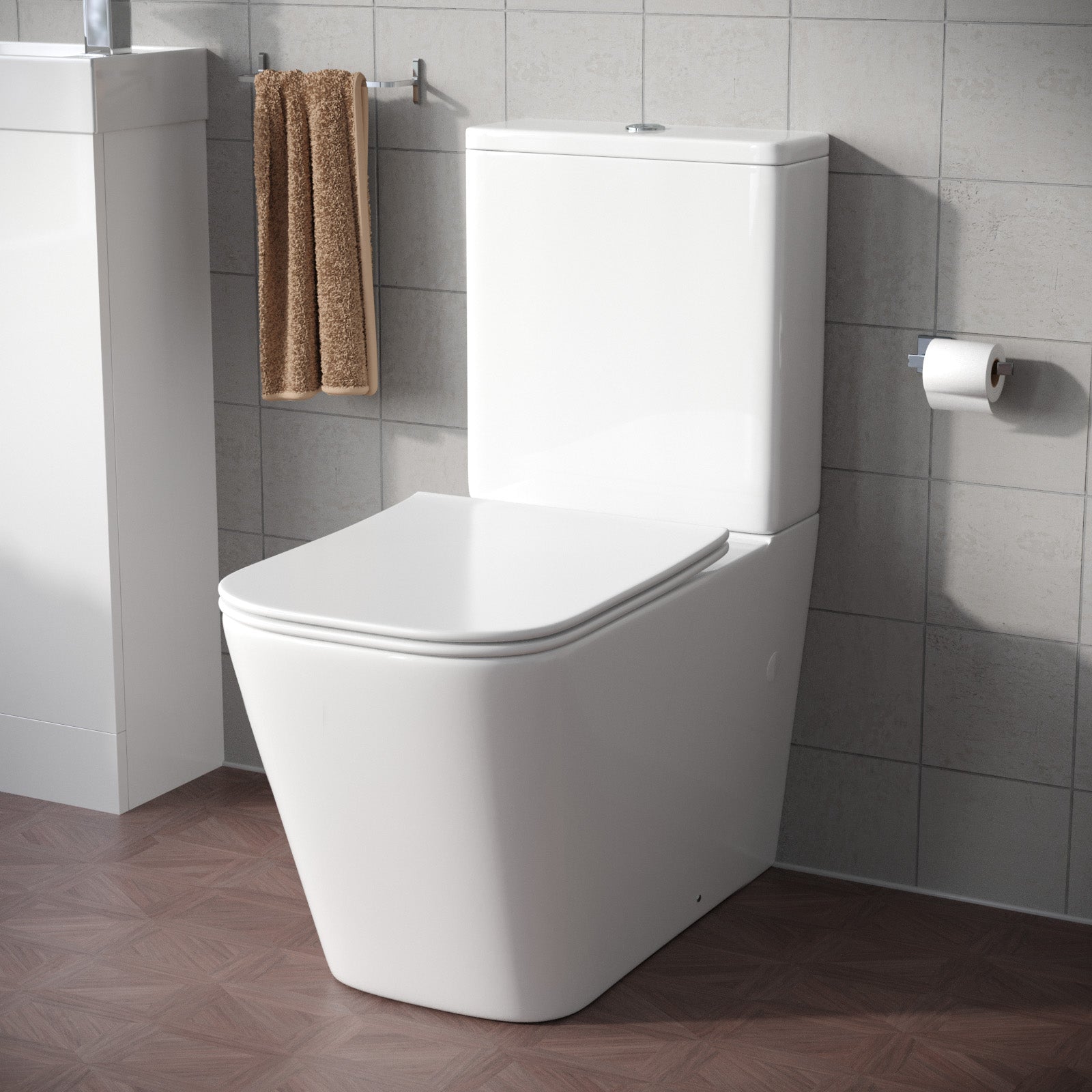 Square Rimless Close Coupled Toilet, Cistern And Soft Close Toilet Seat