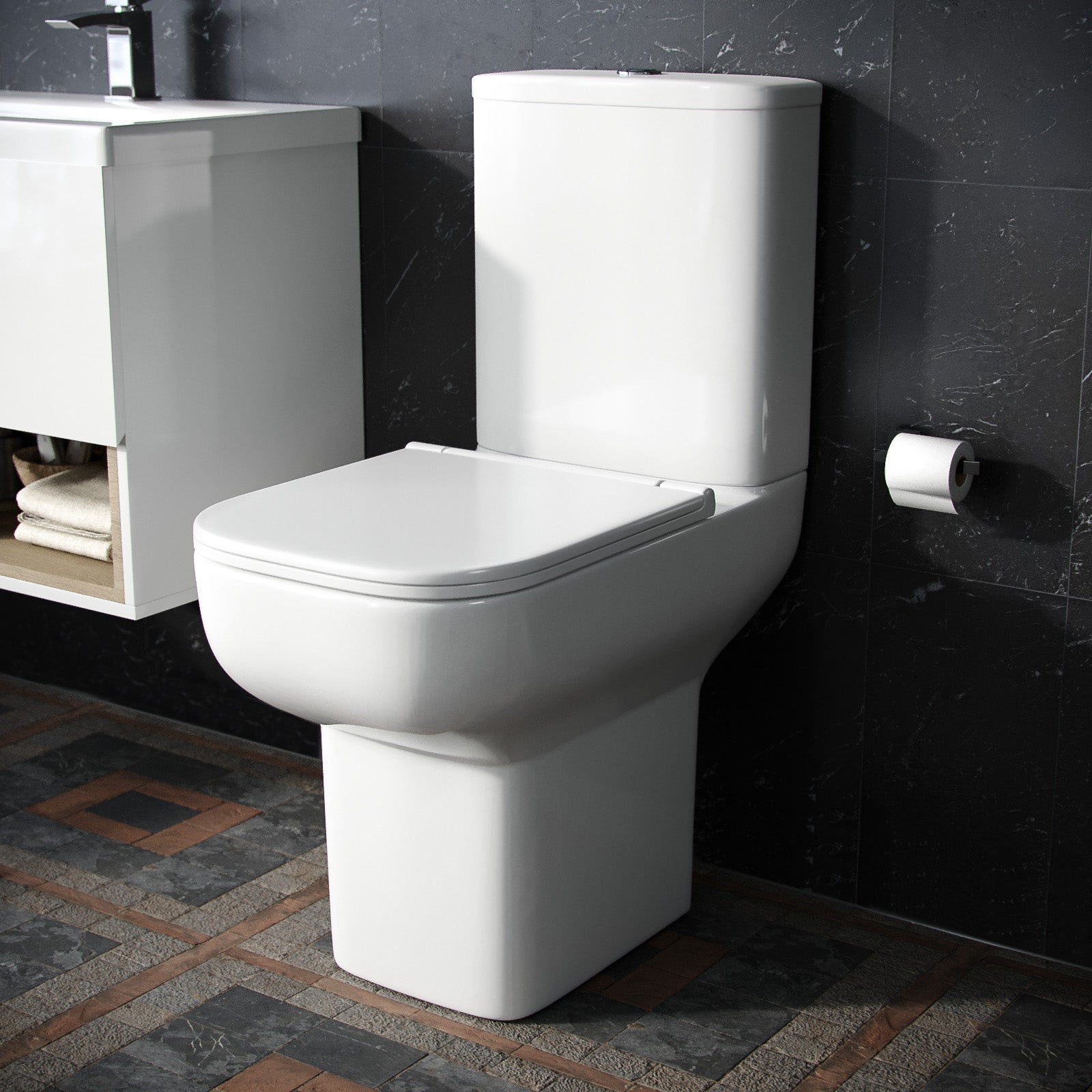 Louie Comfort Height Close Coupled Toilet Pan, Cistern & Soft Close Seat