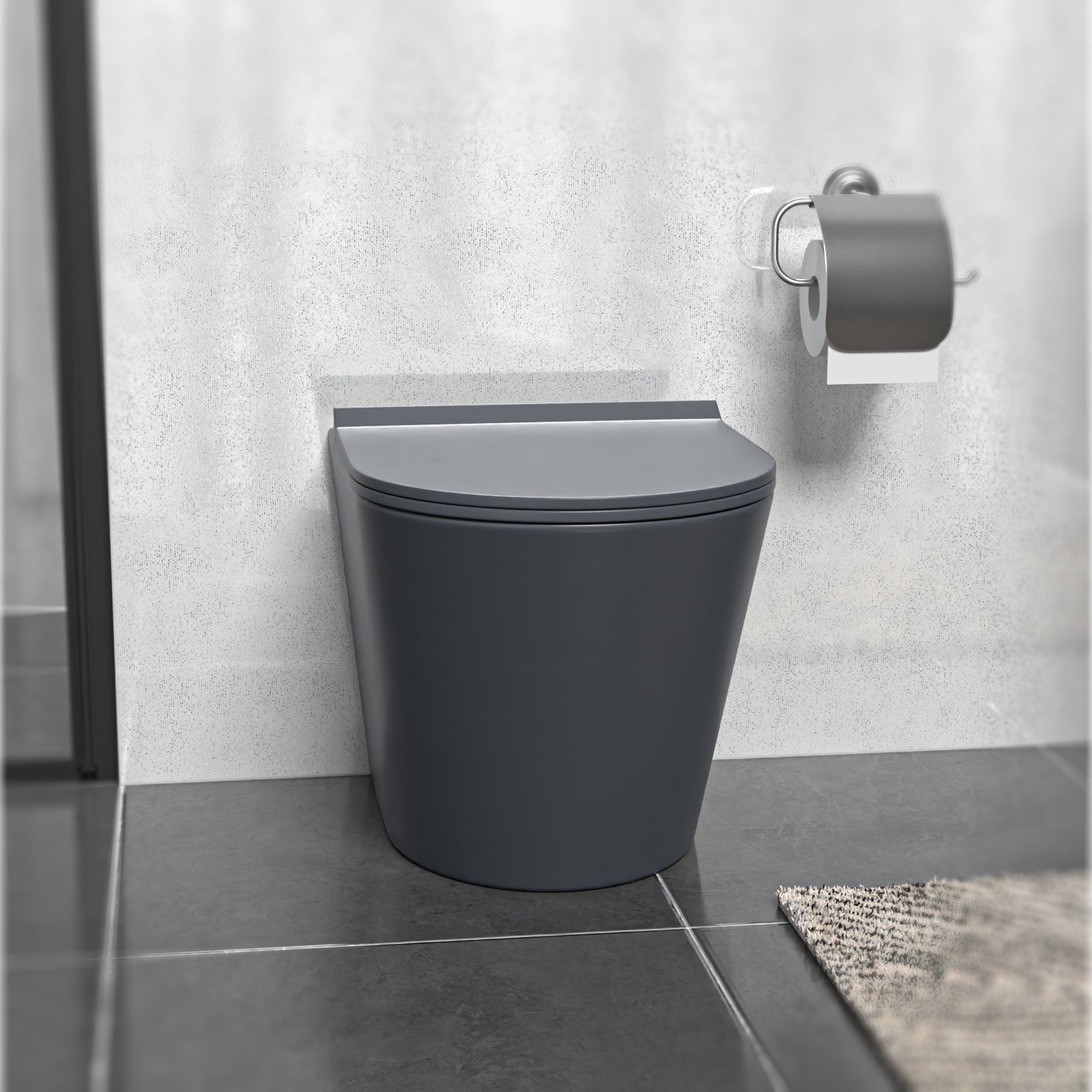 Dark Grey Rimless Round Back to Wall Toilet with Soft Close Seat