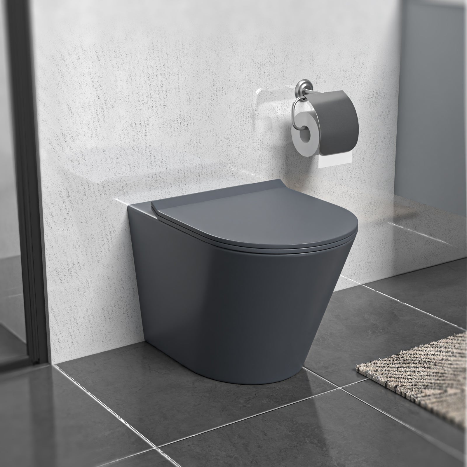 Dark Grey Rimless Round Back to Wall Toilet with Soft Close Seat