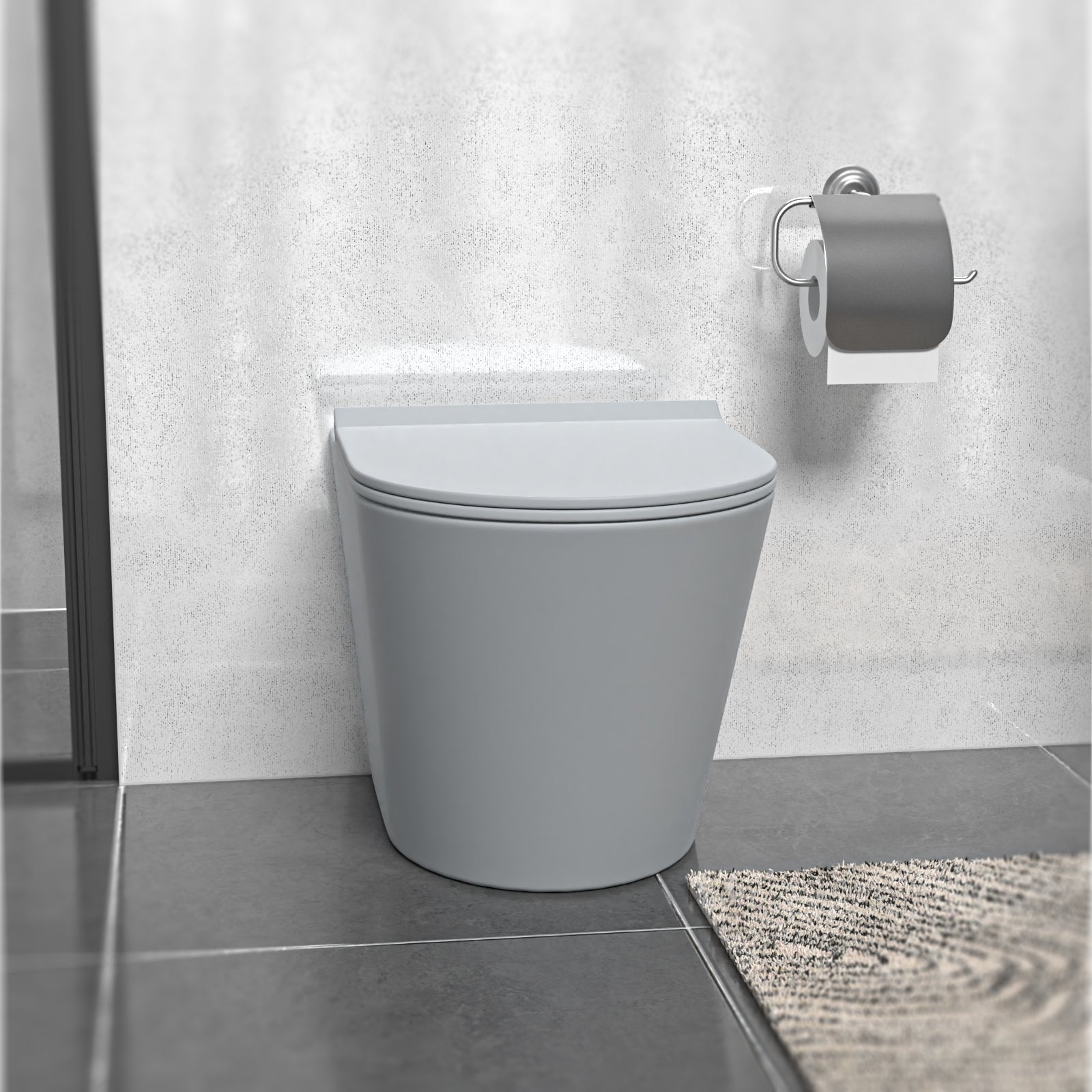Matte Grey Rimless Round Back to Wall Toilet with Soft Close Seat