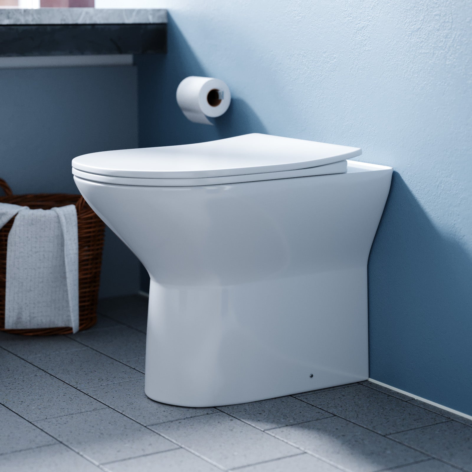 White Round Rimless Soft Close Slim Seat Back To Wall Toilet