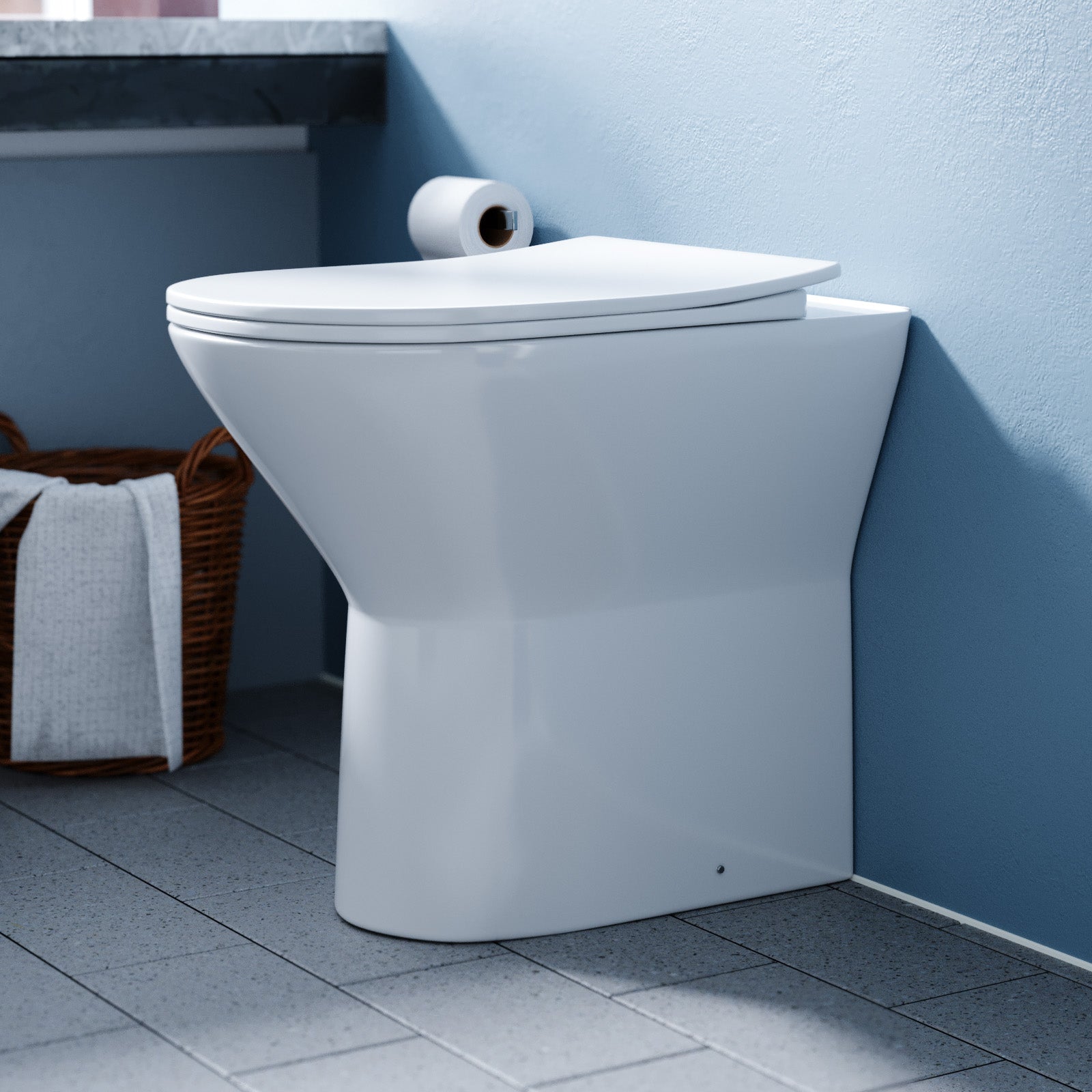 White Comfort Height Round Rimless Soft Close Back To Wall Toilet