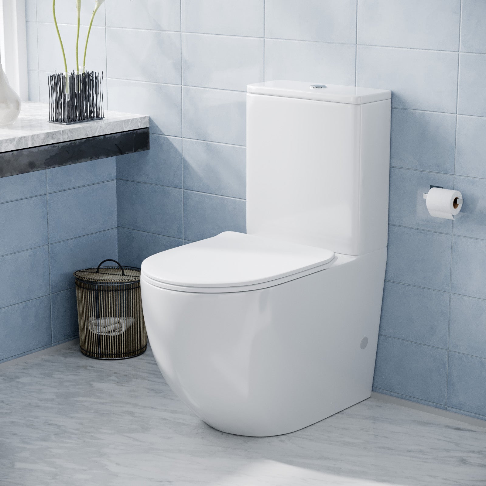 Round Close Coupled Toilet and Seat with Cistern