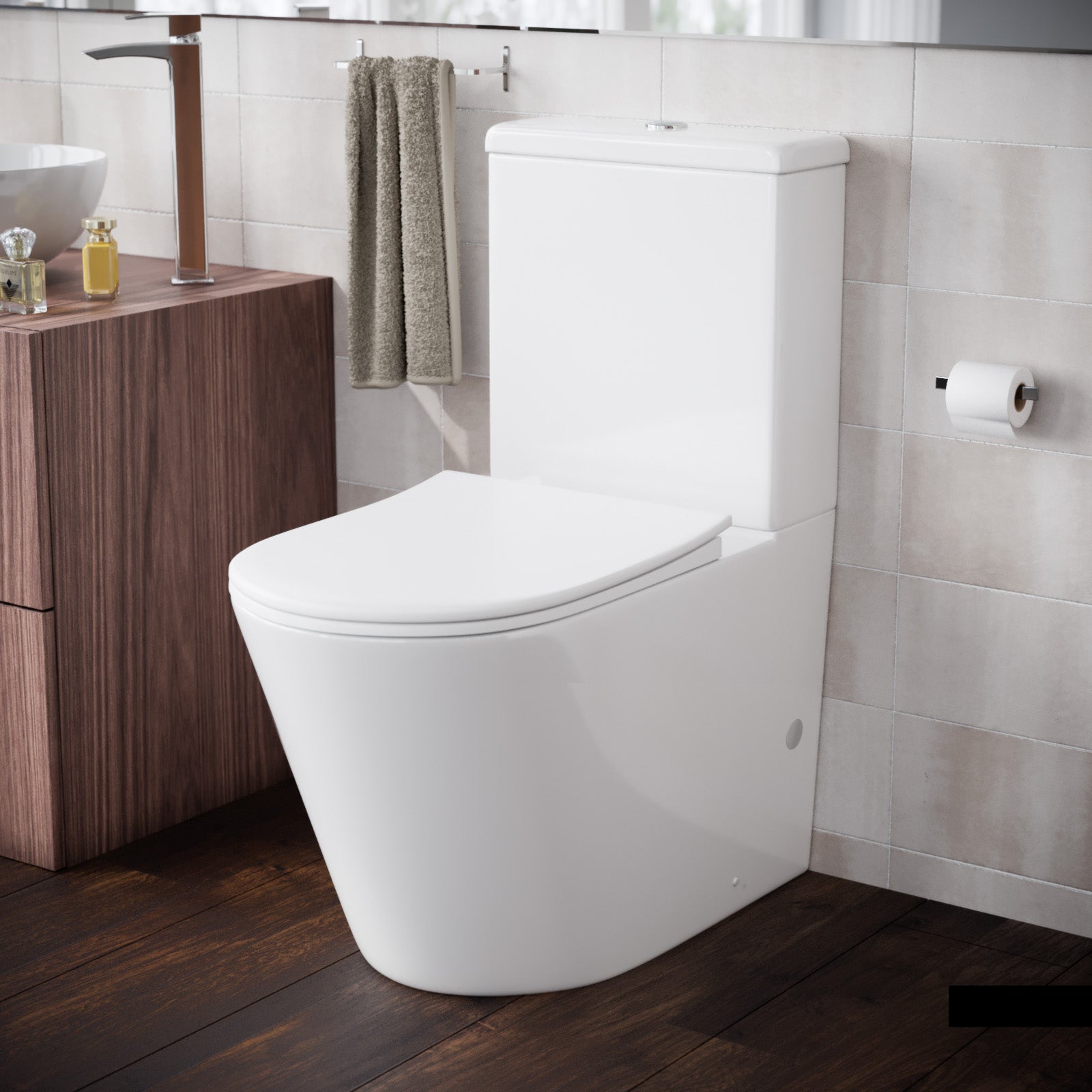 Modern Round Rimless Closed Coupled WC Toilet With Cistern And Soft Close Seat