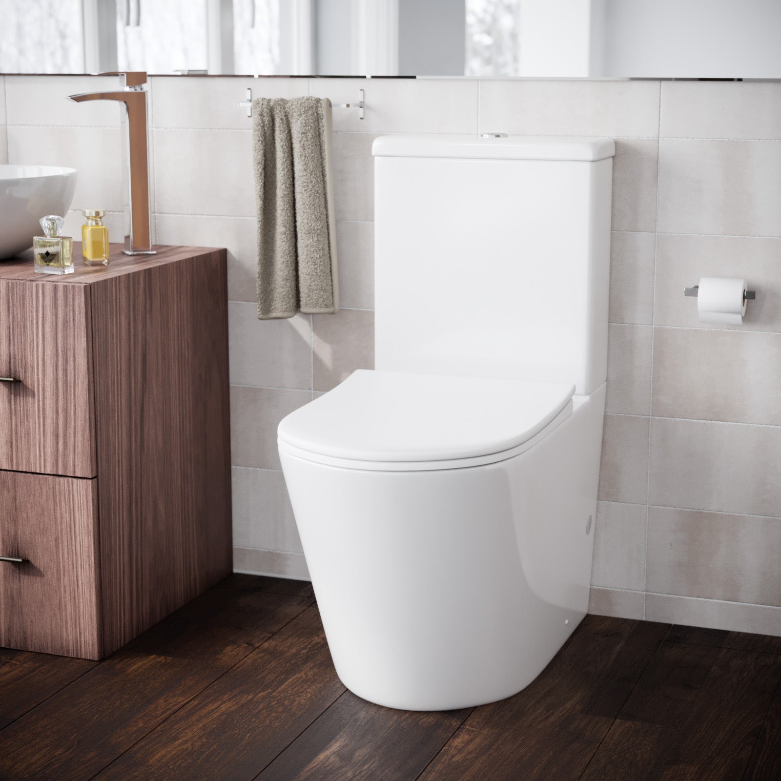 Modern Round Rimless Closed Coupled WC Toilet With Cistern And Soft Close Seat