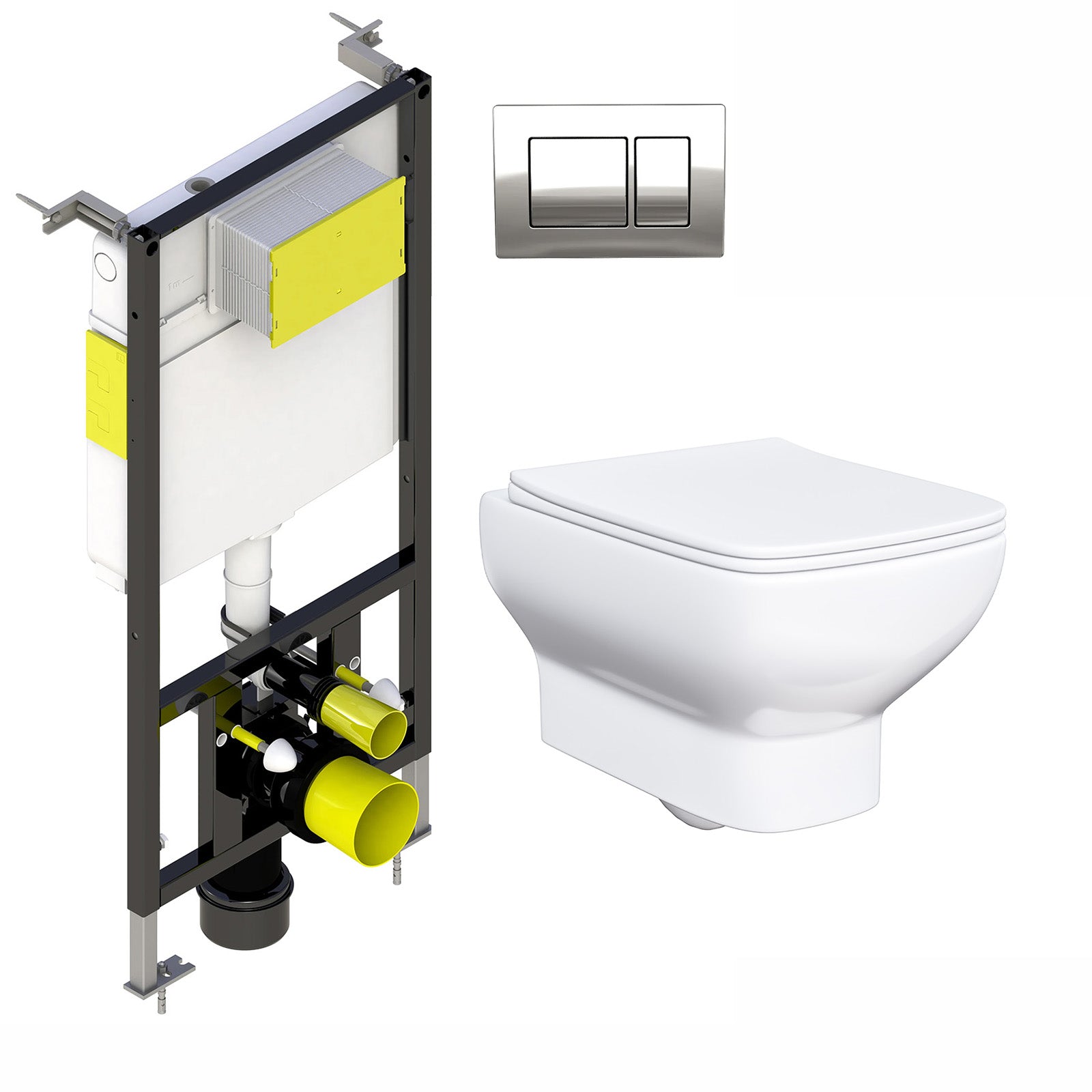 Rimless Square Wall Hung Toilet Pan with Soft Close Seat & Wall Frame