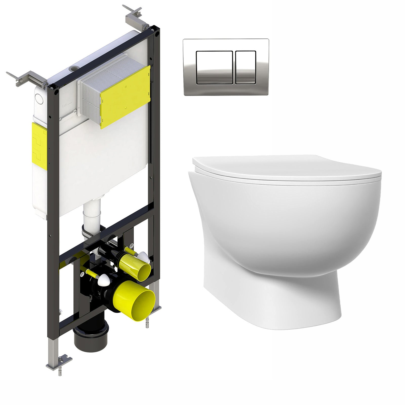 Rimless D Shape Wall Hung Toilet Pan with Soft Close Seat & Wall Frame