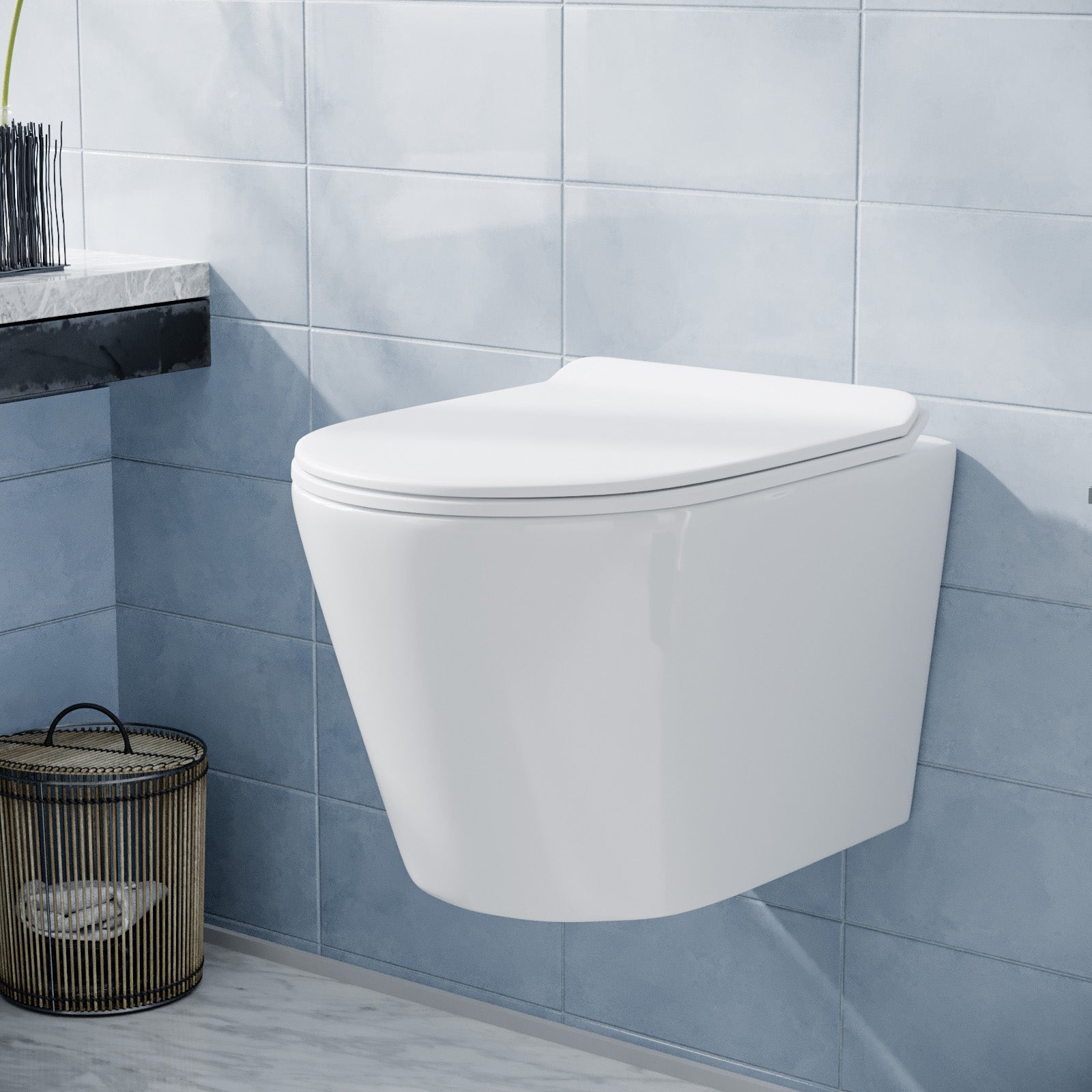 Tornado Flush White Round Wall Hung Rimless Toilet Pan with Slim Seat