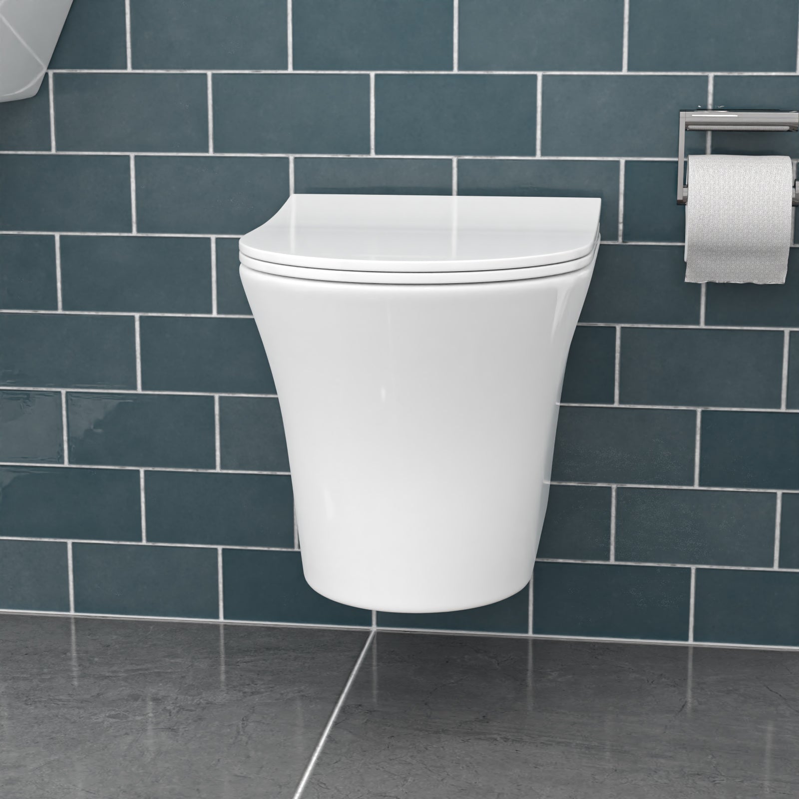 White Rimless Soft Close Round Wall Hung Toilet Pan Seat