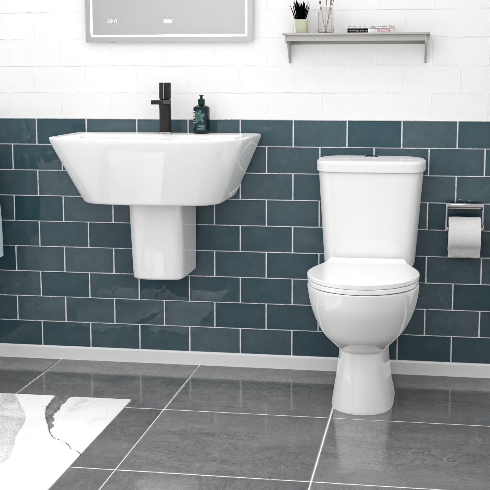 550mm Semi Pedestal Basin White & Close Coupled Toilet