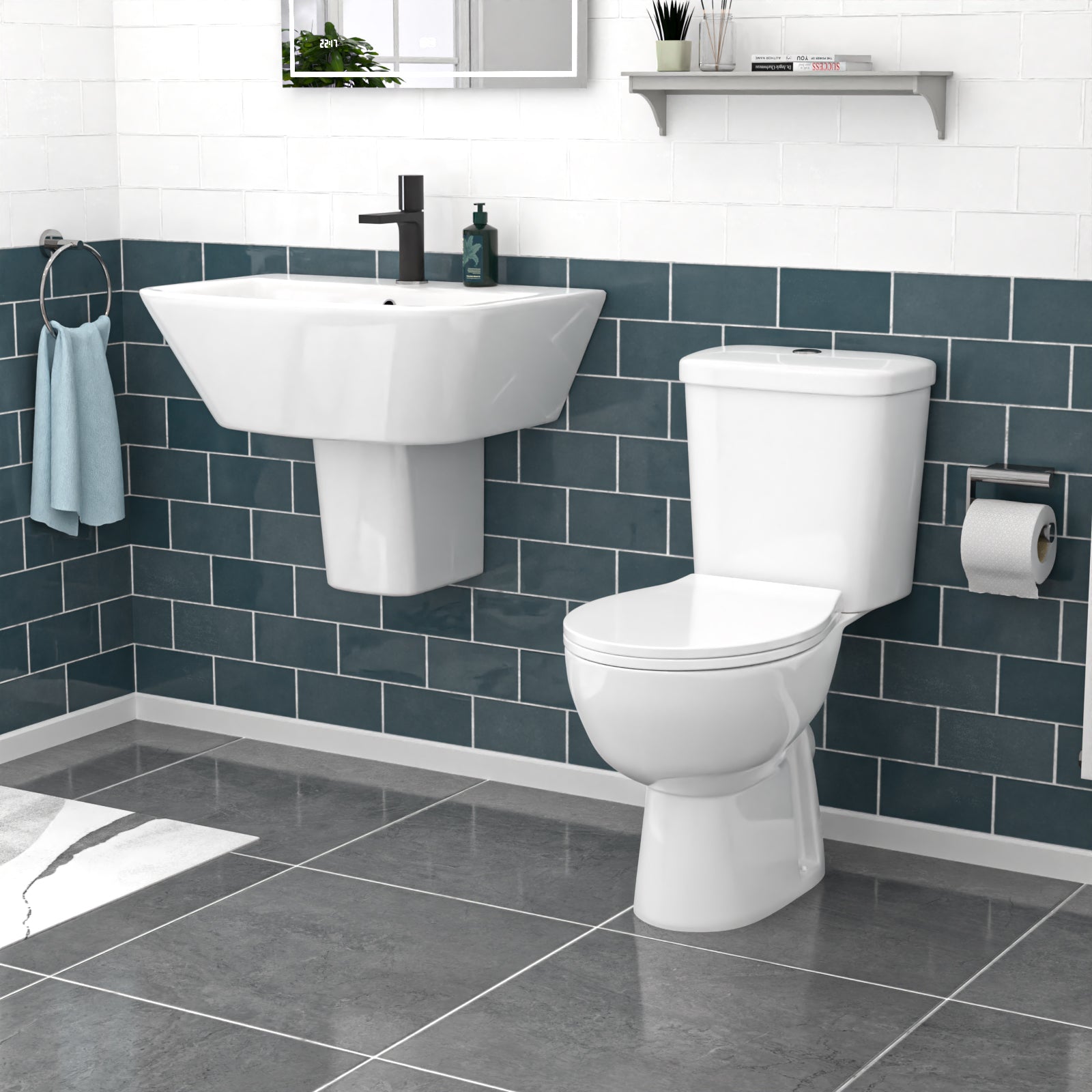 550mm Semi Pedestal Basin White & Close Coupled Toilet