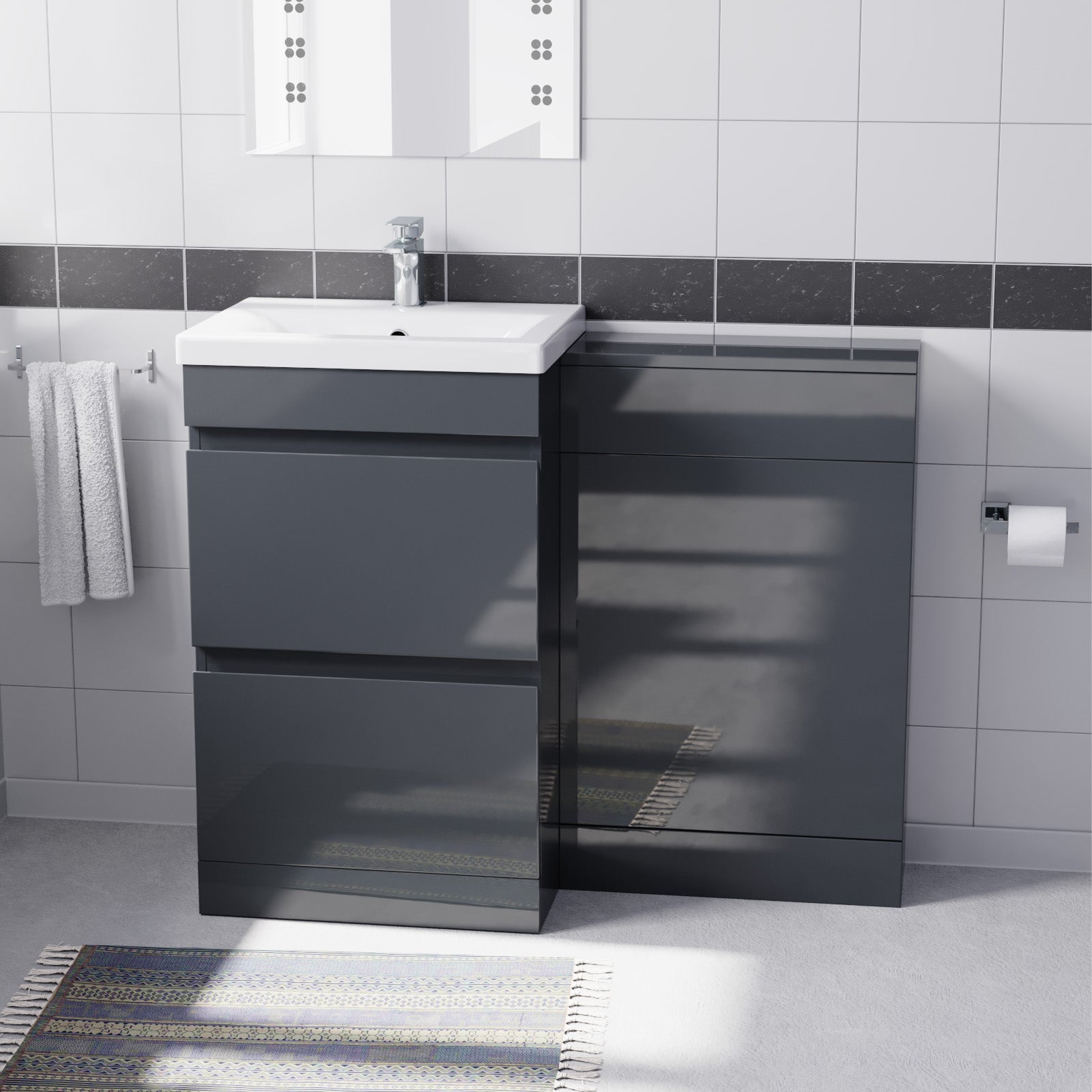 Alaska Dark Grey 500mm Waterproof PVC Freestanding 2 Drawer Basin Vanity WC Unit