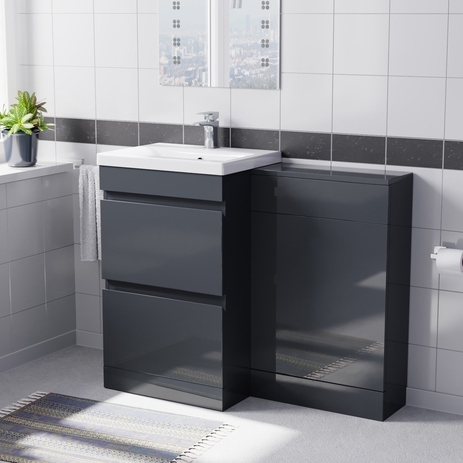 Alaska Dark Grey 500mm Waterproof PVC Freestanding 2 Drawer Basin Vanity WC Unit