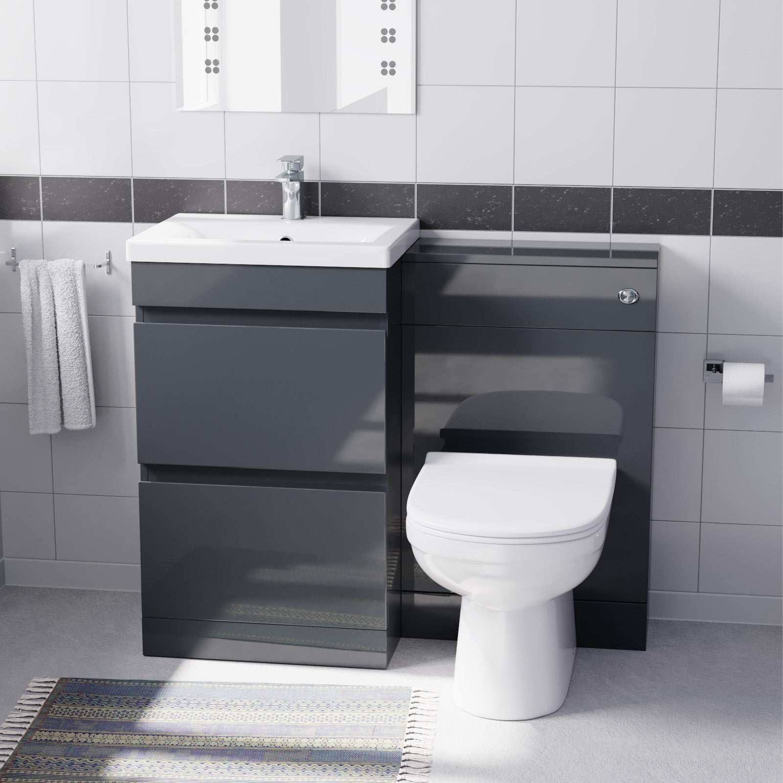 Alaska Dark Grey 500mm Waterproof PVC Freestanding 2 Drawer Basin Vanity WC Unit & BTW Toilet