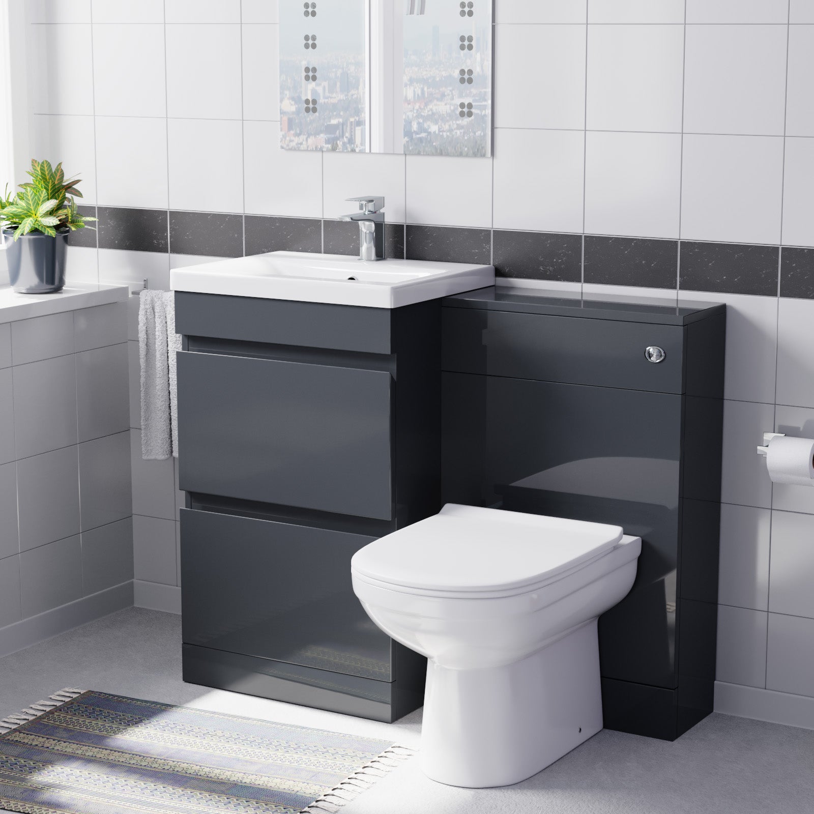 Alaska Dark Grey 500mm Waterproof PVC Freestanding 2 Drawer Basin Vanity WC Unit & BTW Toilet