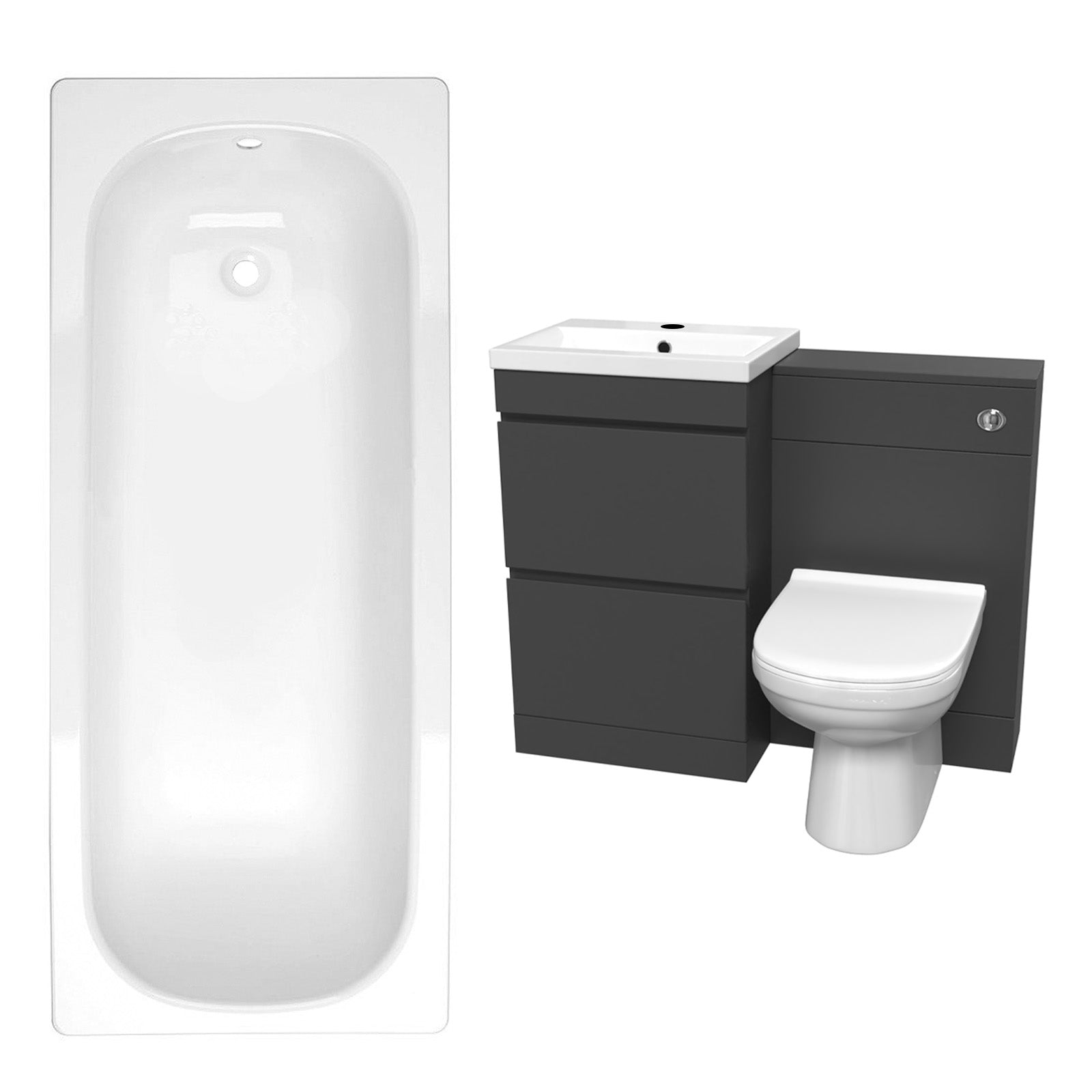 Alaska Dark Grey 500mm Waterproof PVC Freestanding 2 Drawer Vanity WC Unit, BTW Toilet and Bath Set