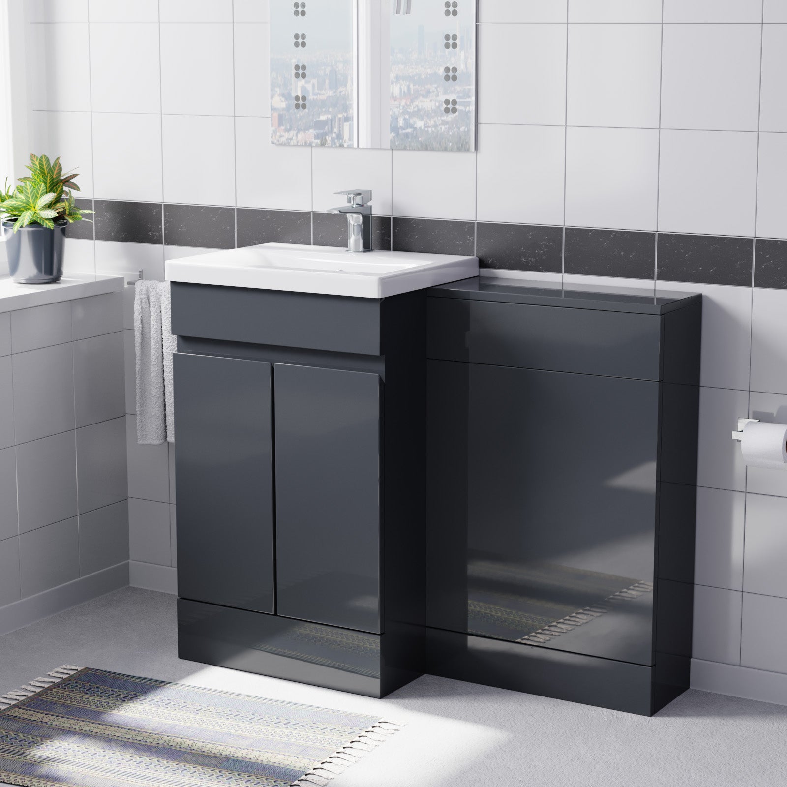 Alaska Dark Grey 500mm Waterproof PVC Freestanding 2 Door Basin Vanity WC Unit