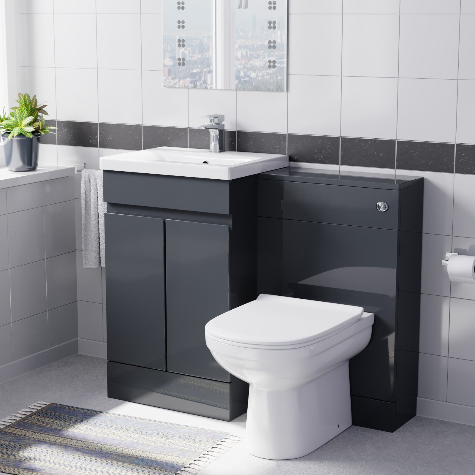 Alaska Dark Grey Freestanding PVC 500mm 2 Doors Vanity & WC Unit & BTW Toilet