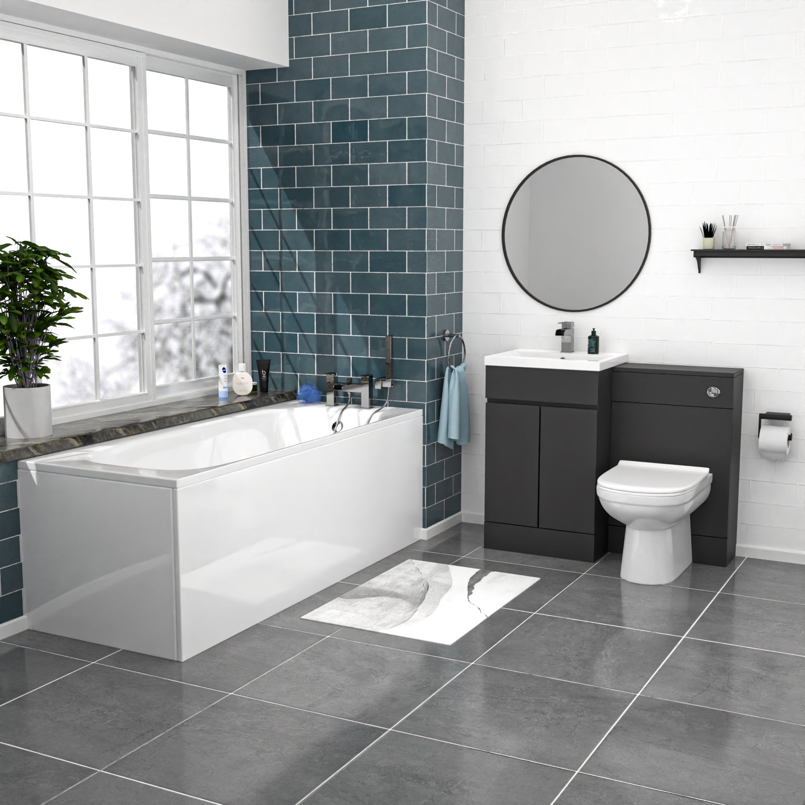 Alaska Dark Grey 500mm Waterproof PVC Freestanding 2 Door Vanity WC Unit, BTW Toilet and Bath Set