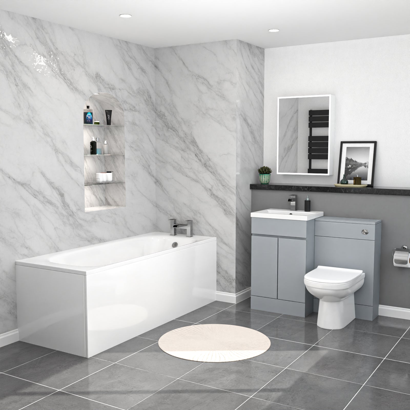 Alaska Matte Grey 500mm Waterproof PVC Freestanding 2 Door Vanity WC Unit, BTW Toilet and Bath Set