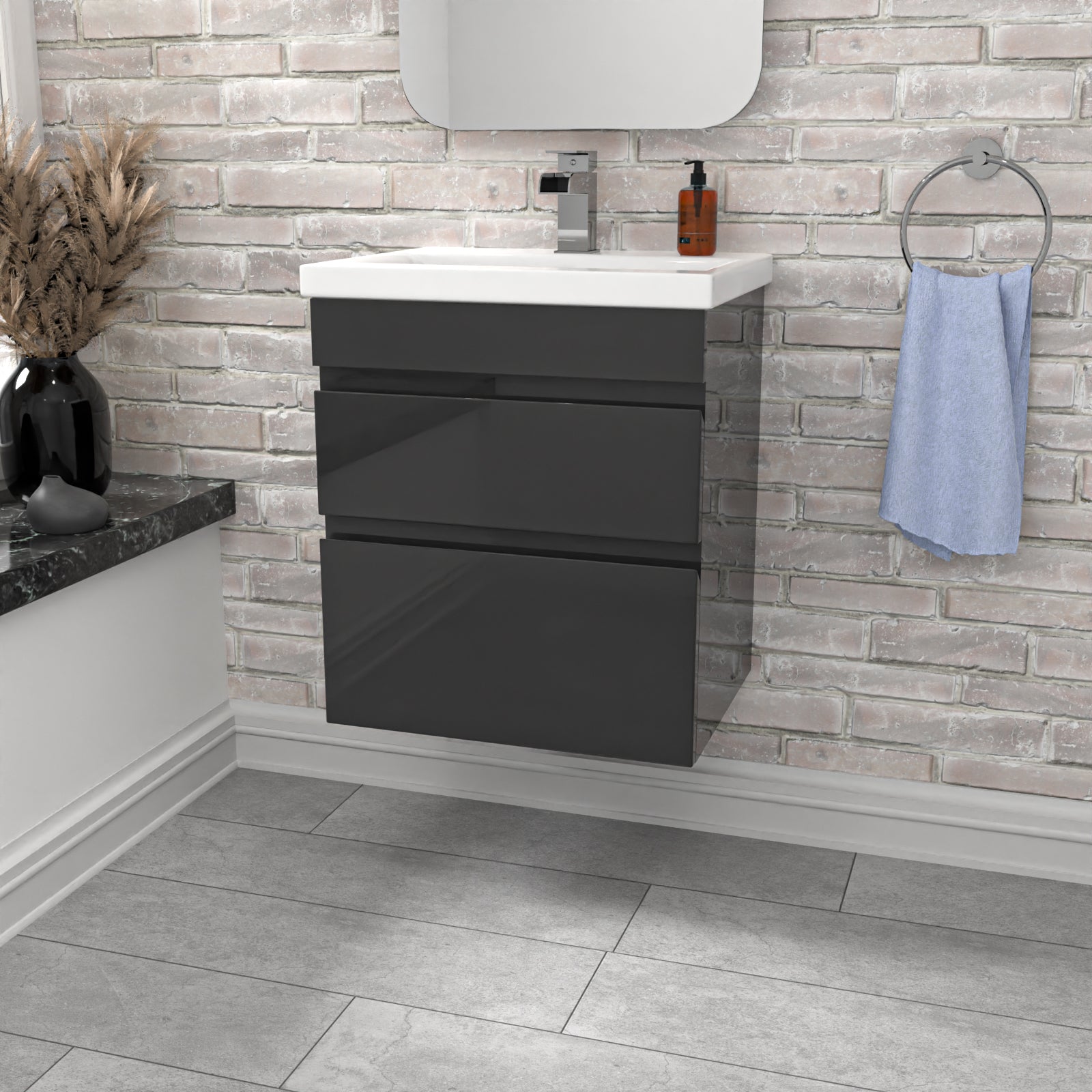 Alaska Dark Grey 500mm PVC 2 Drawers Wall Hung Vanity Cabinet and Basin