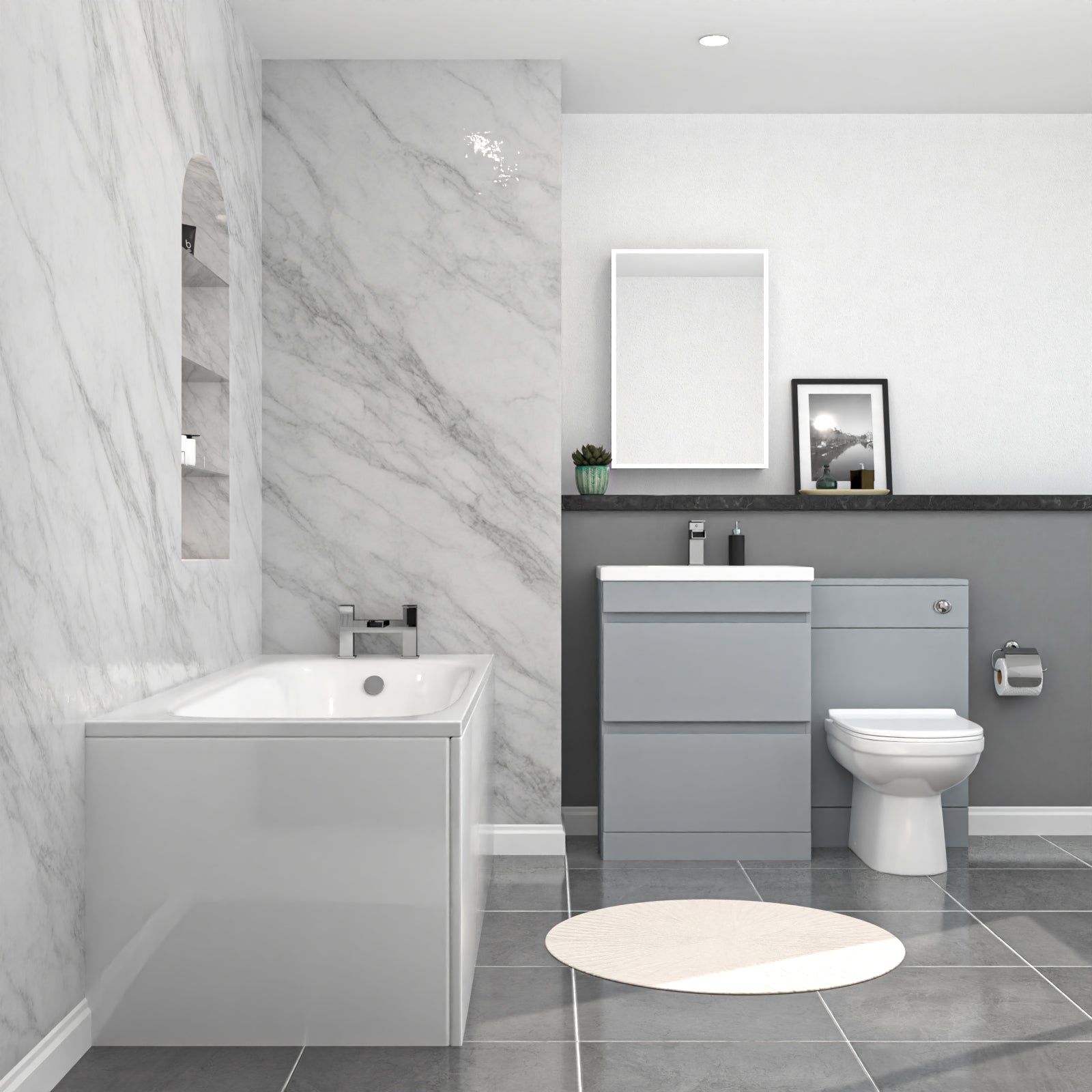 Alaska Matte Grey 600mm Waterproof PVC Freestanding 2 Drawer Vanity WC Unit, BTW Toilet and Bath Set