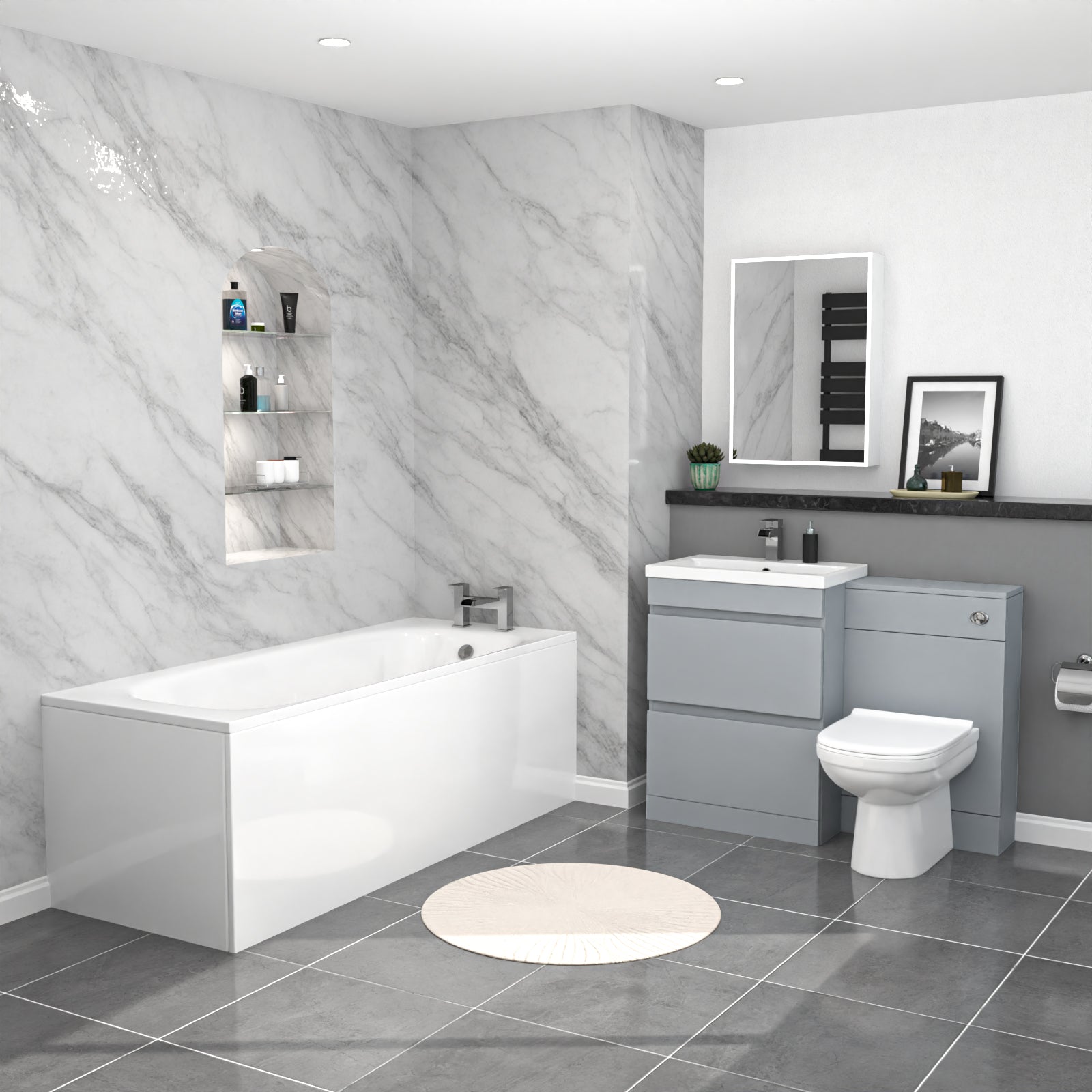 Alaska Matte Grey 600mm PVC 2 Drawers Vanity WC Unit BTW Toilet and Bath Set
