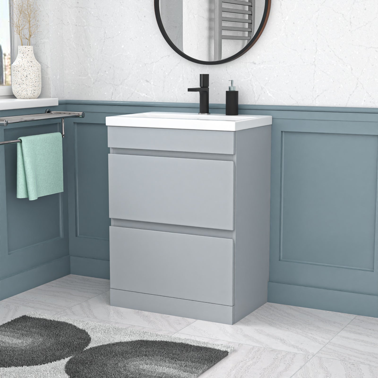 Alaska Matte Grey 600mm PVC 2 Drawer Floorstanding Vanity Cabinet and Basin