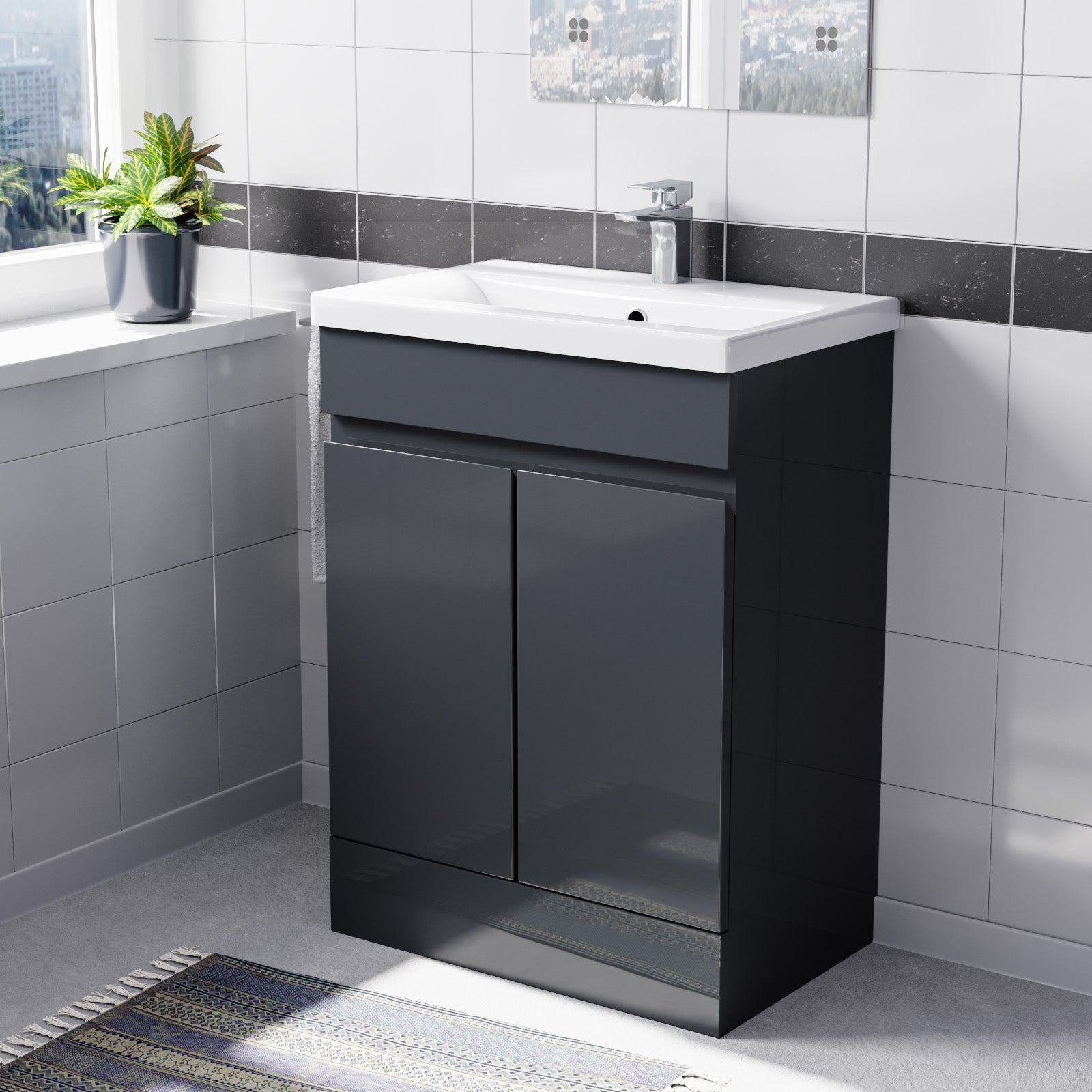 Alaska Dark Grey 600mm PVC Freestanding Bathroom Basin Vanity Unit