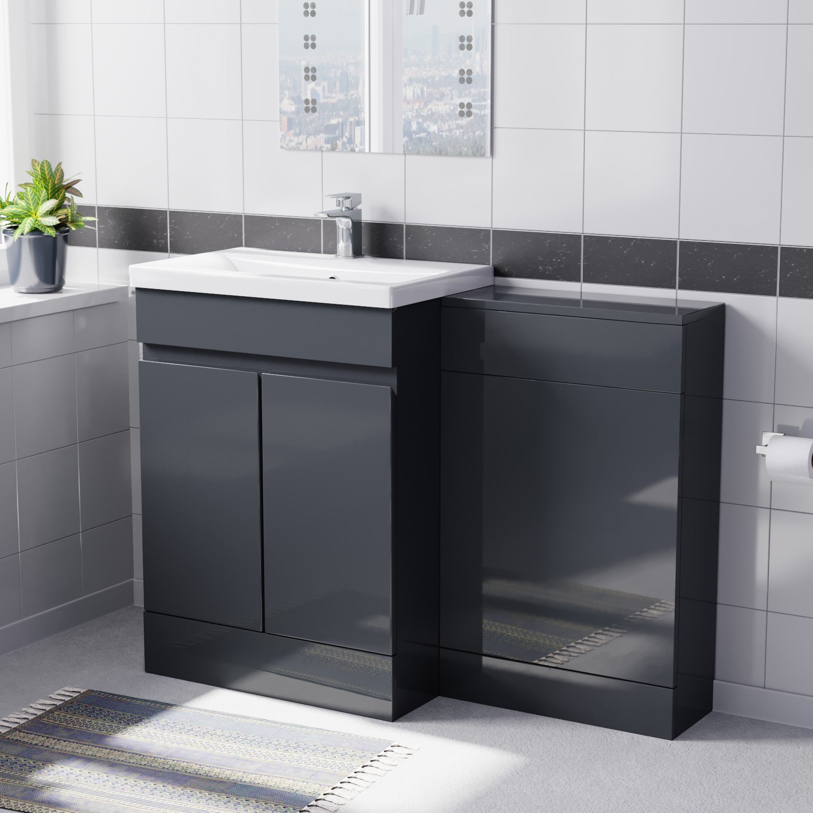 Alaska Dark Grey Freestanding PVC 600mm 2 Doors Vanity & WC Unit