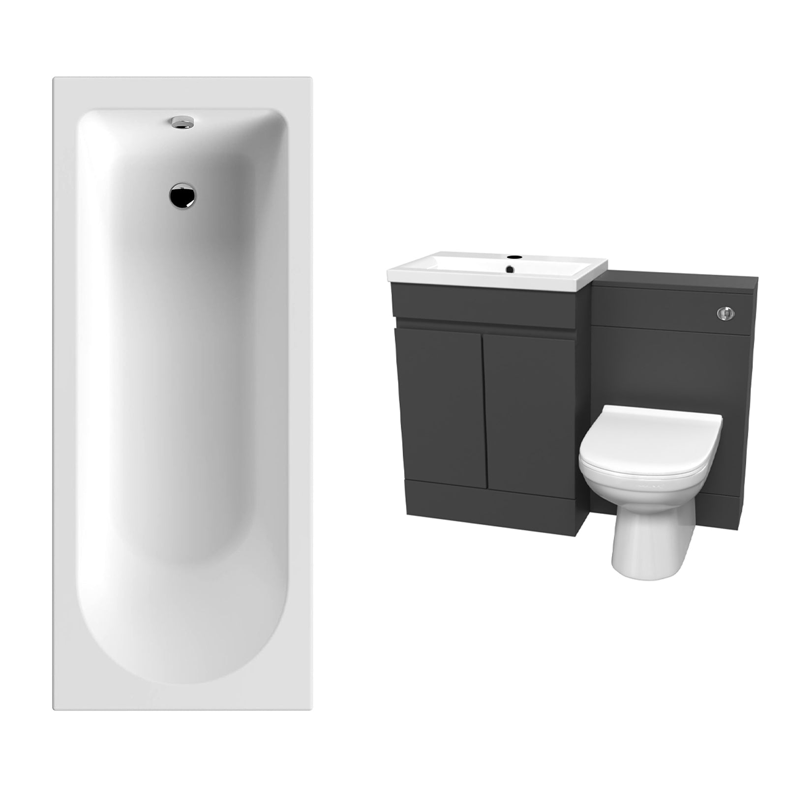 Alaska Dark Grey 600mm Waterproof PVC Freestanding 2 Door Vanity WC Unit, BTW Toilet and Bath Set