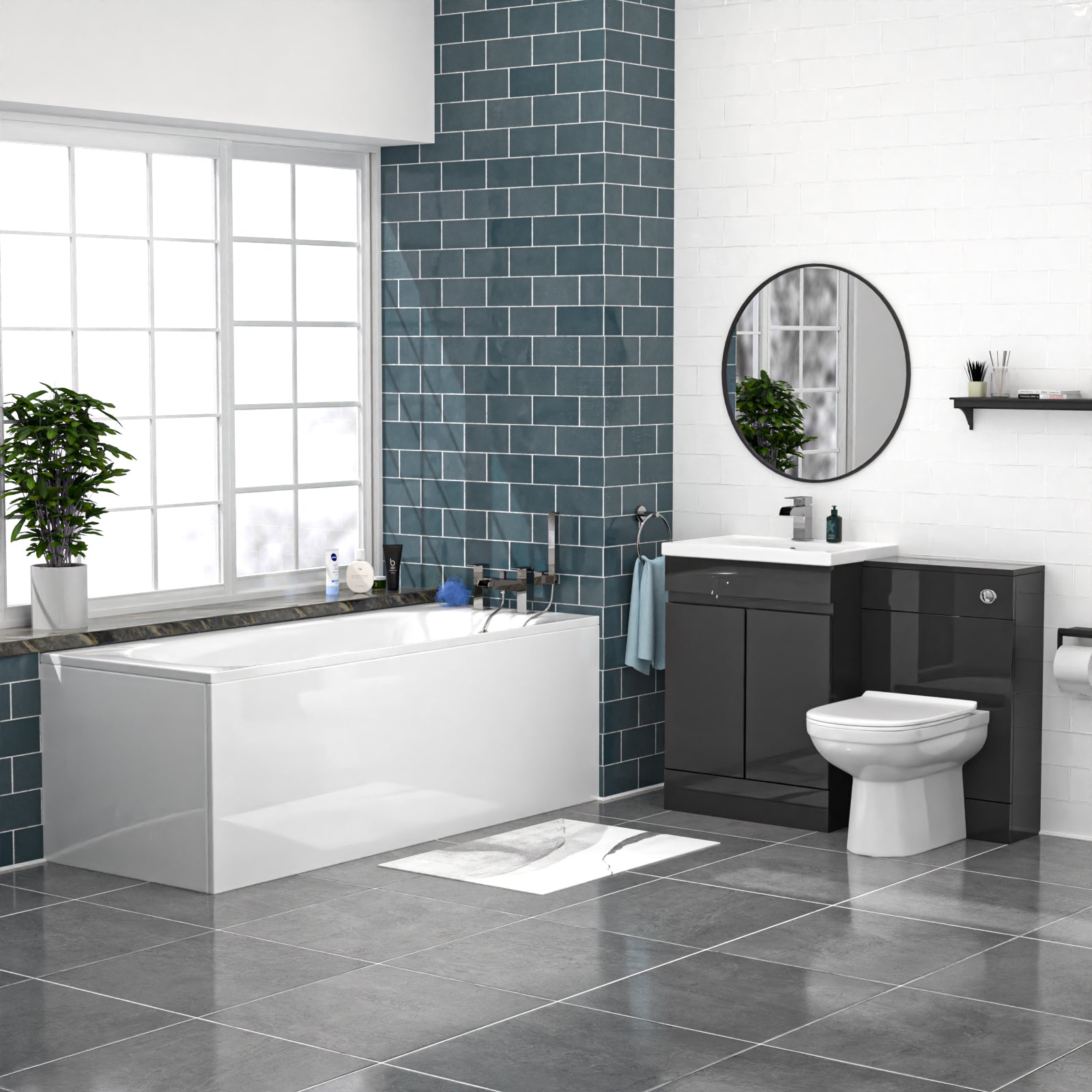 Alaska Dark Grey 600mm Waterproof PVC Freestanding 2 Door Vanity WC Unit, BTW Toilet and Bath Set