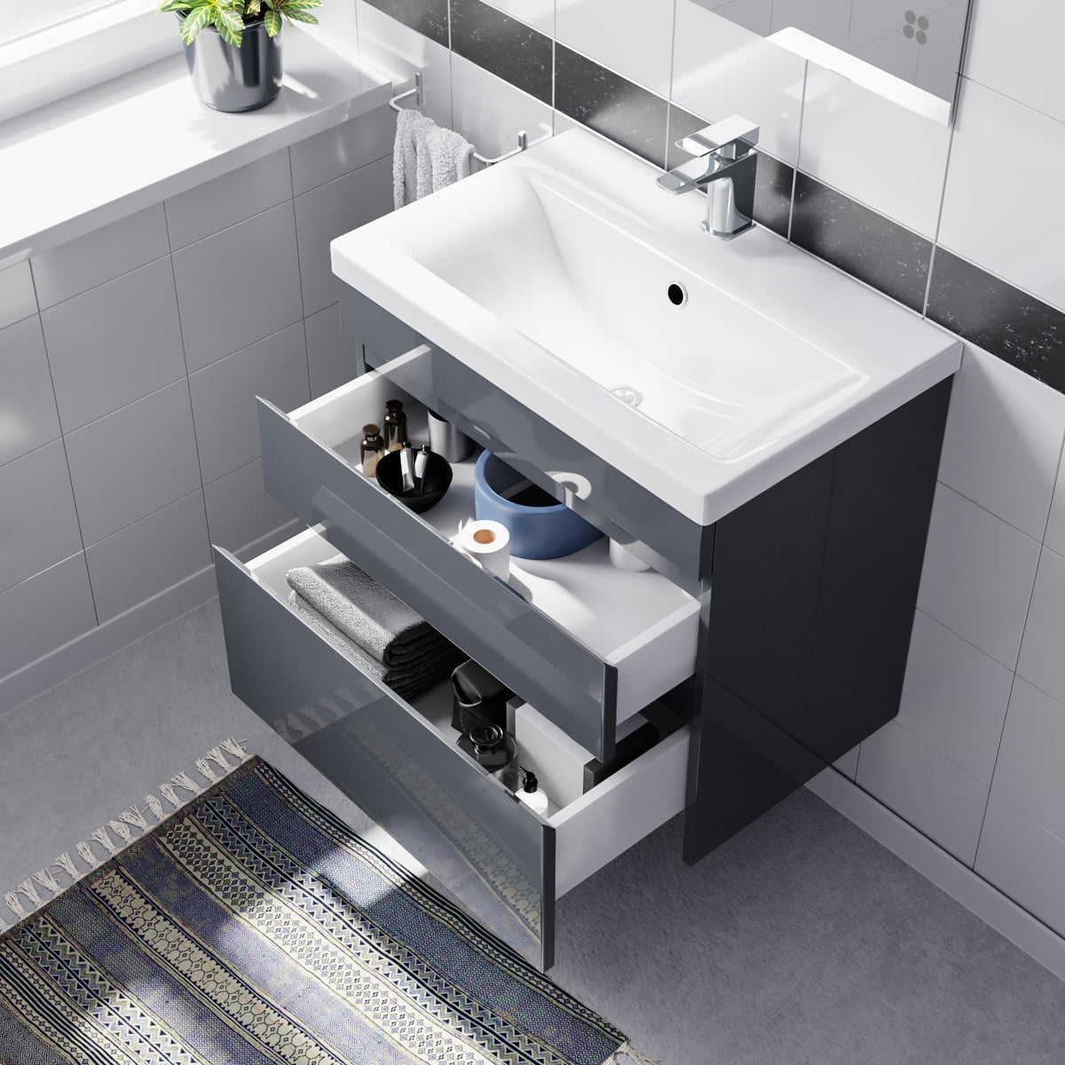 Alaska Anthracite 600mm Waterproof PVC Wall Hung 2 Drawer Basin Vanity Unit