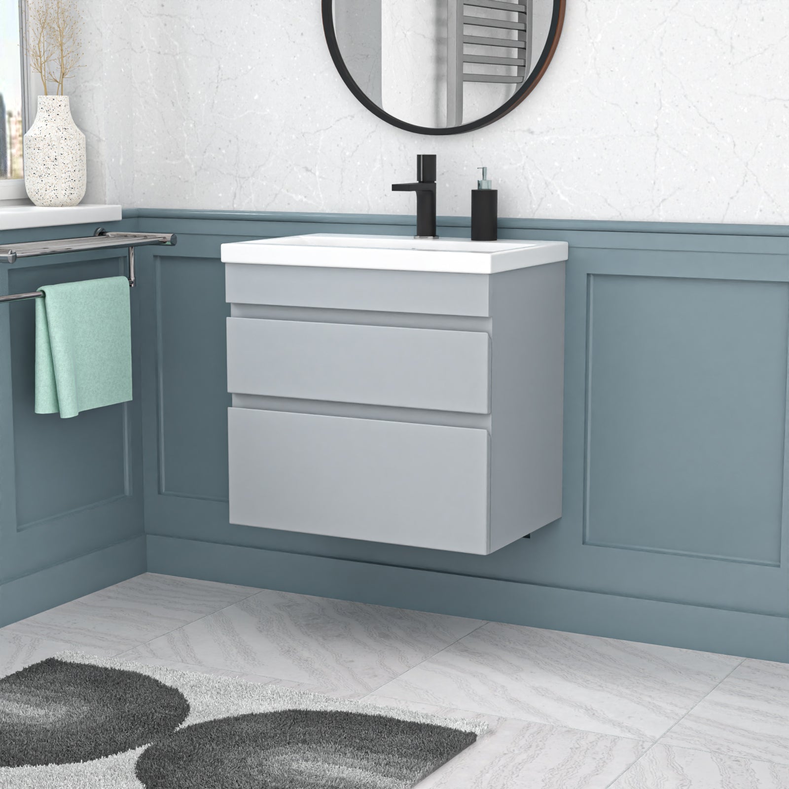 Alaska Matt Grey 600mm PVC 2 Drawer Wall Hung Vanity Cabinet and Basin Sink Unit