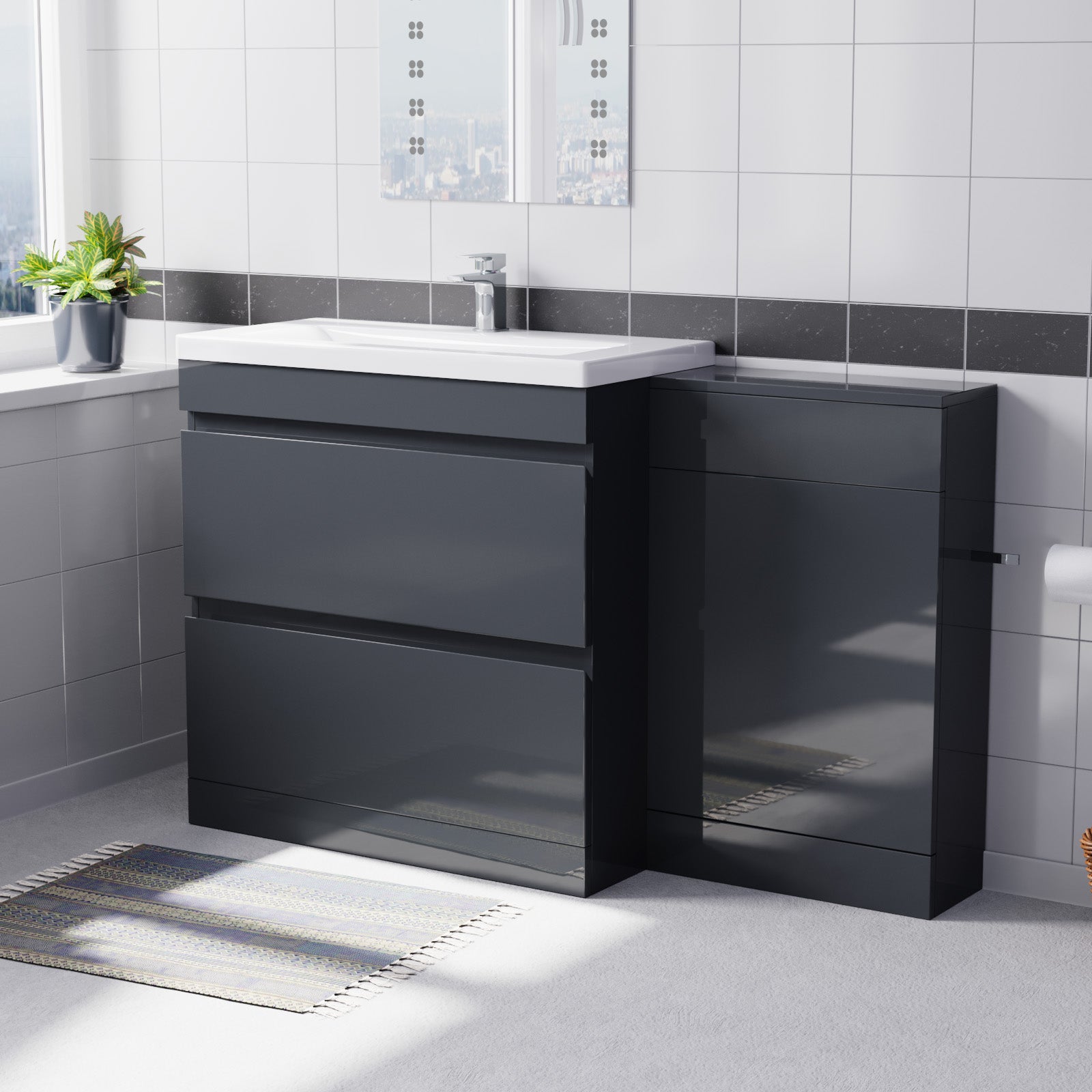 Alaska Dark Grey 800mm Waterproof PVC Freestanding 2 Drawer Basin Vanity WC Unit