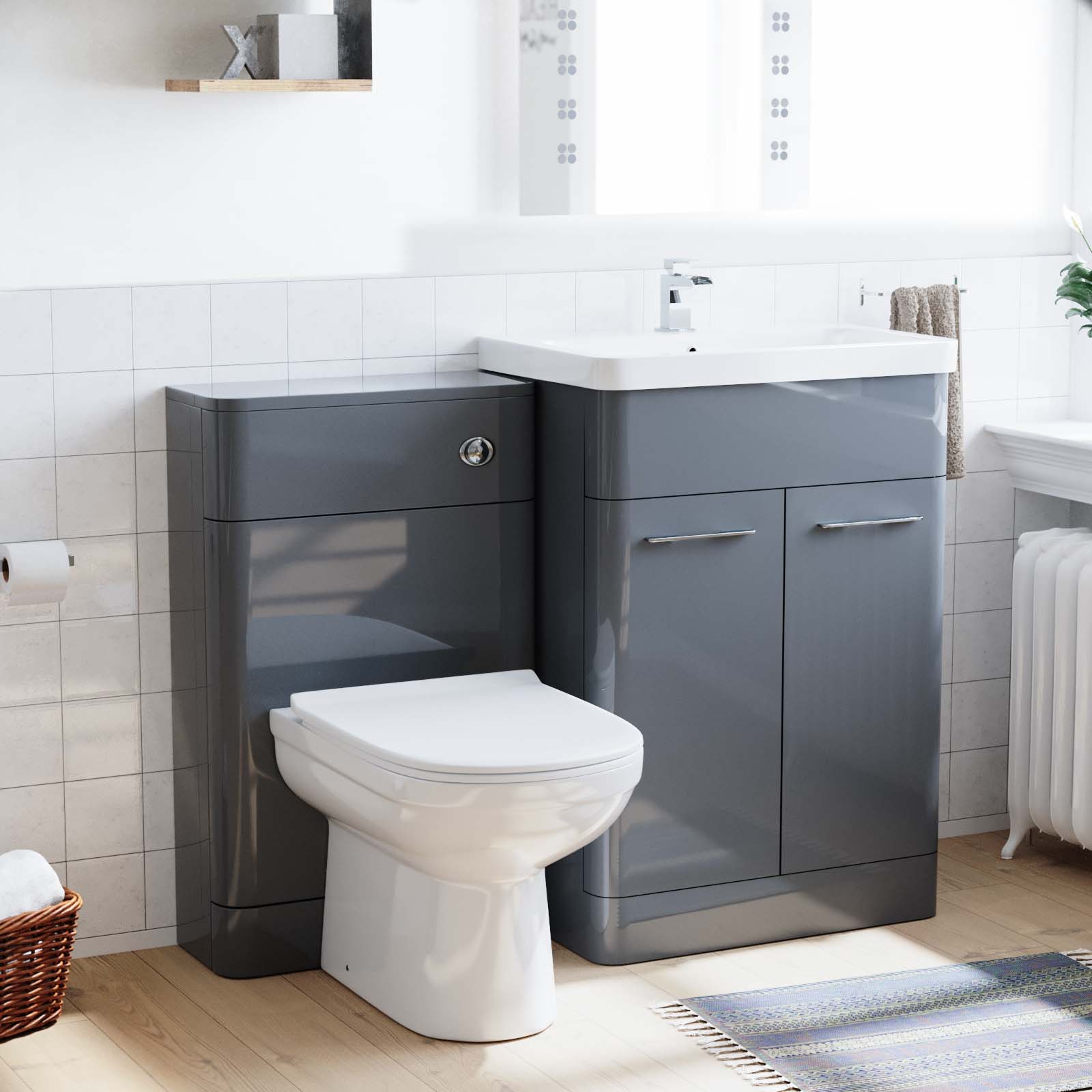 Afern 600mm Grey Flat Packed Vanity Unit, Basin & Eslo BTW Toilet With WC Unit
