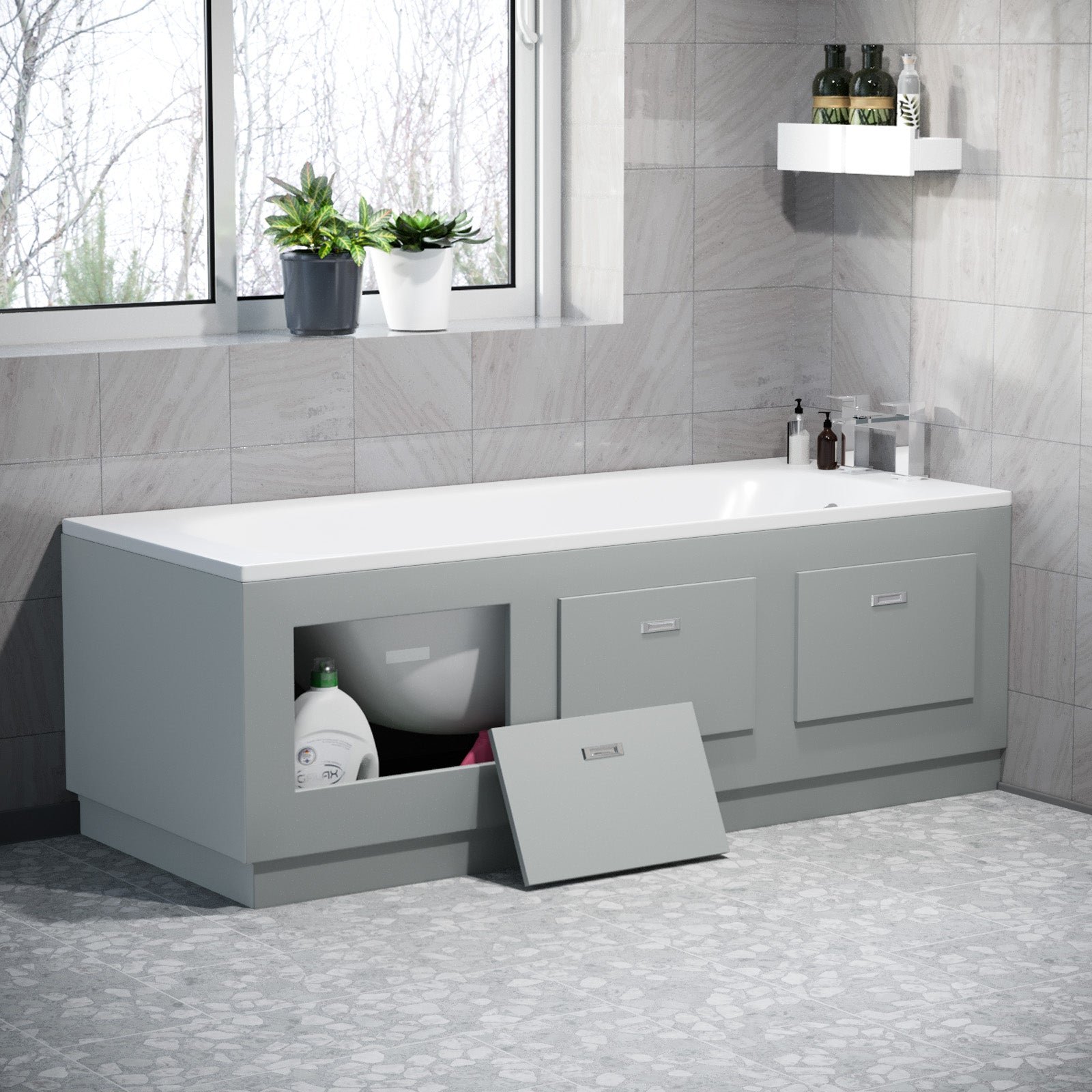Matte Grey 1700mm Magnetic Door Durable PVC Front and End Bath Panel