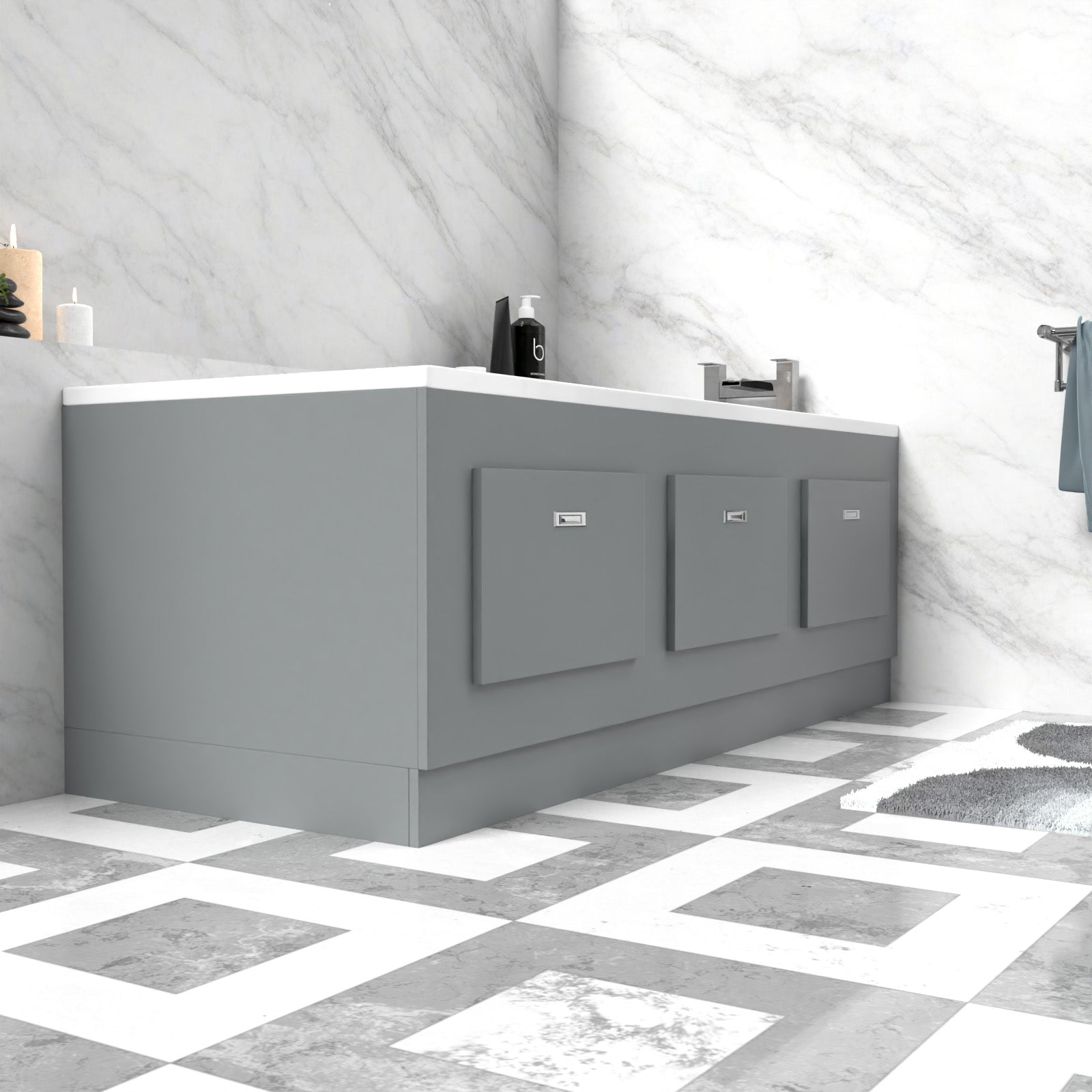 Matte Grey PVC 1800mm Front & End Bath Panels with Magnetic Door - Adjustable Height