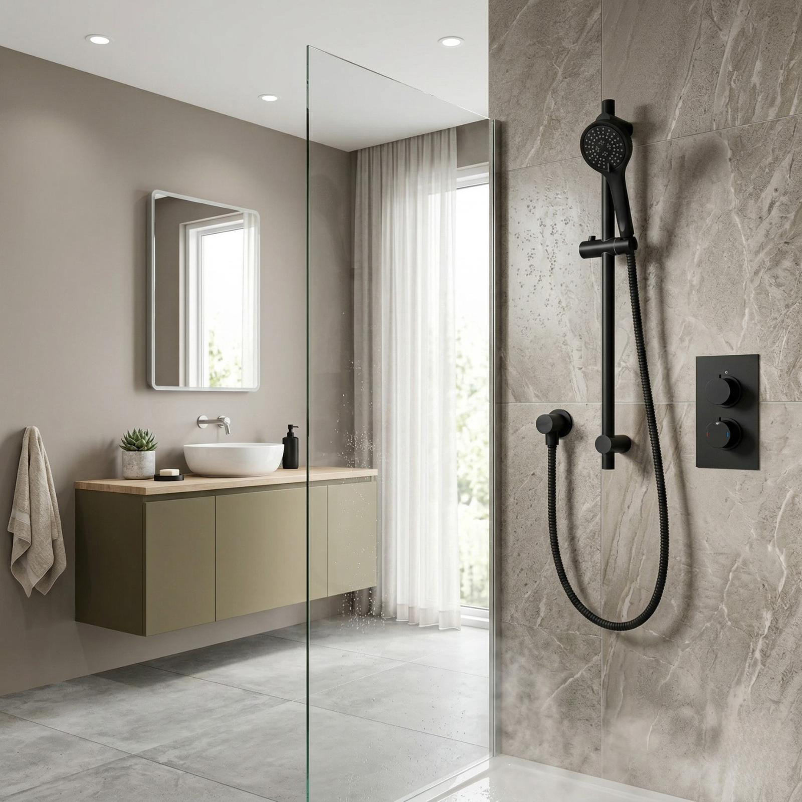 Onyx 2 Dial 1 Outlet Modern Round Matte Black Concealed Thermostatic Shower Valve with Slider Rail Kit, Handset & Wall Outlet Elbow Set