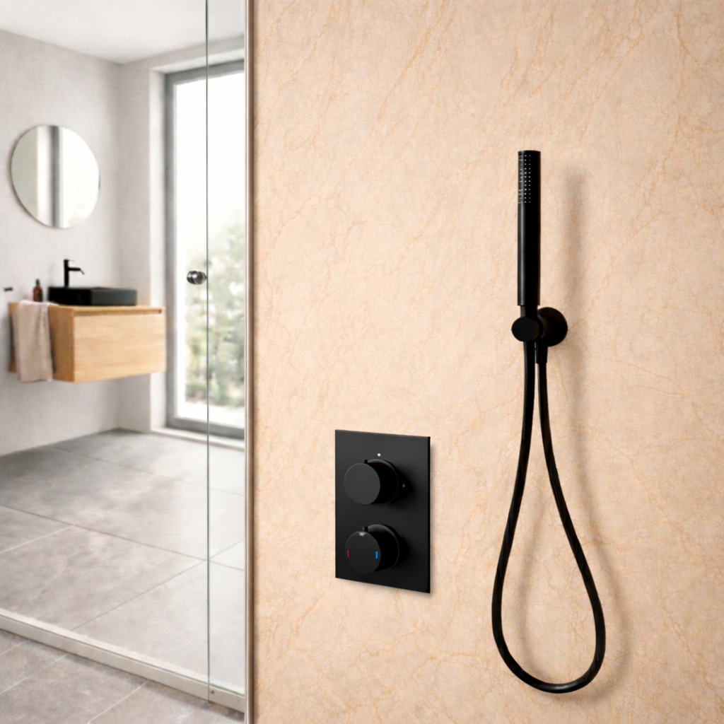 Onyx 2 Dial 1 Outlet Modern Round Matte Black Concealed Thermostatic Shower Valve with Handheld Shower Set
