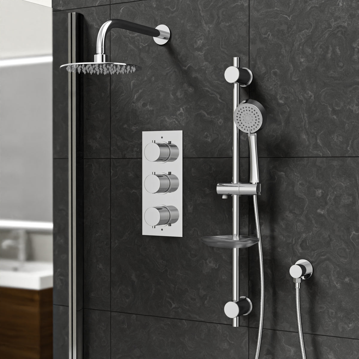 3 Dial 2 Outlet Round Concealed Thermostatic Shower Valve, Head & Arm