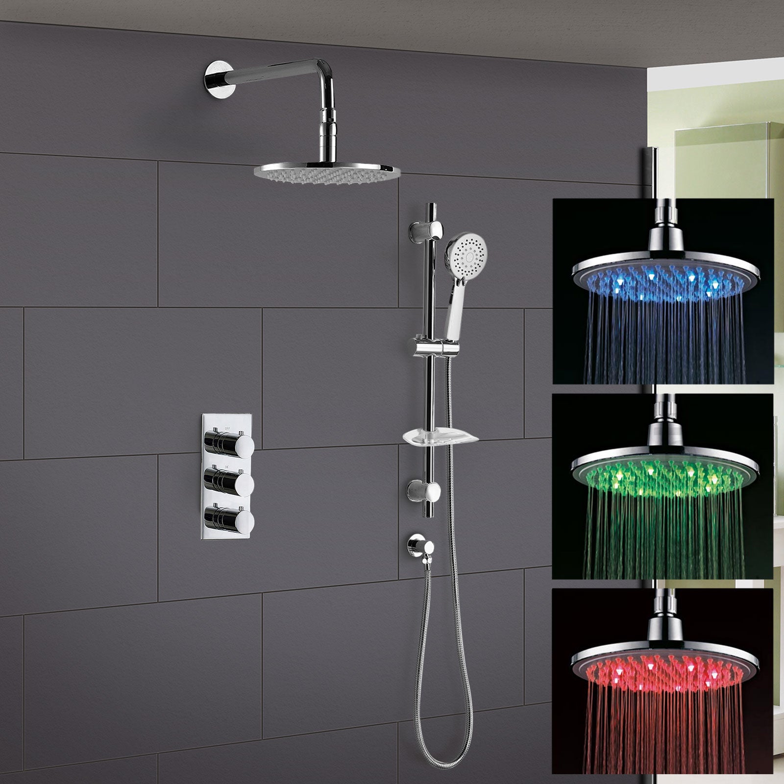 Calla Round Concealed Thermostatic Shower Valve Mixer Set - LED Shower Shower Head & Rail Handset