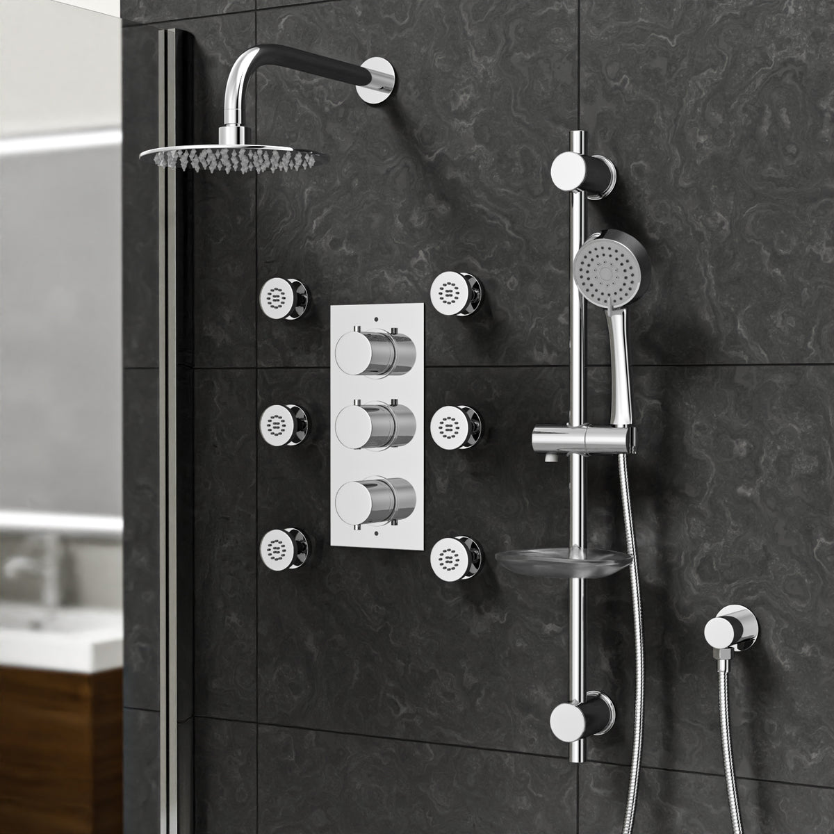 3 Dial 3 Outlet Concealed Thermostatic Shower With Thin Head & Massage Kit
