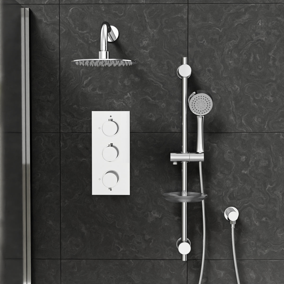 3 Dial 3 Outlet Concealed Thermostatic Shower With Thin Head, Bath Filler & Sprung Waste